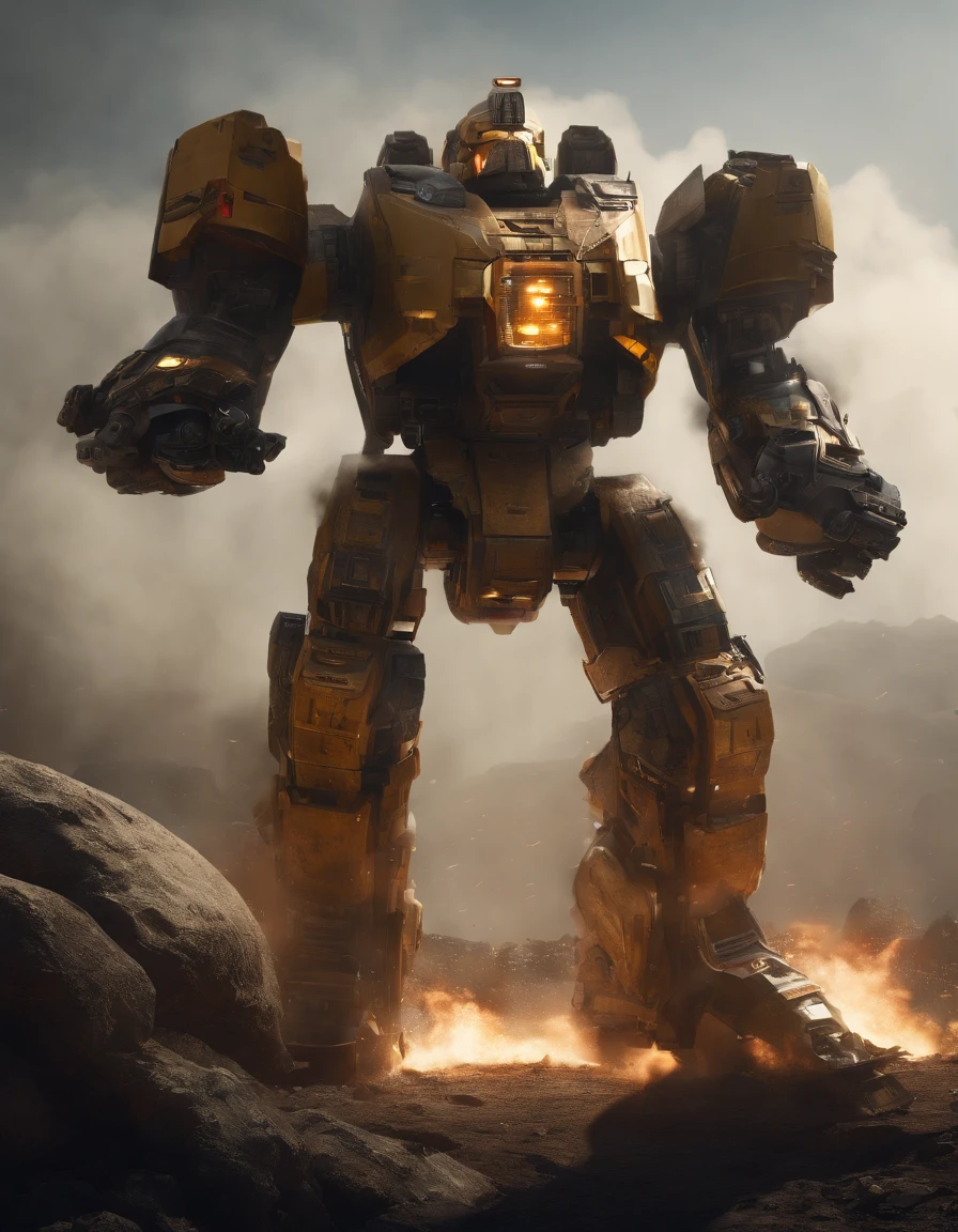 aerial view, battletech style giant [ robot : full plate armor knight : 0.5 ] ), (spherical shapes:1.5), (big guns), (crimson blood color and (gold:1.4) vivid colors:1.5), red glowning headlights, chromed metal, background: spacious spaceship hangar, (masterpiece), (octane render: 1.3)