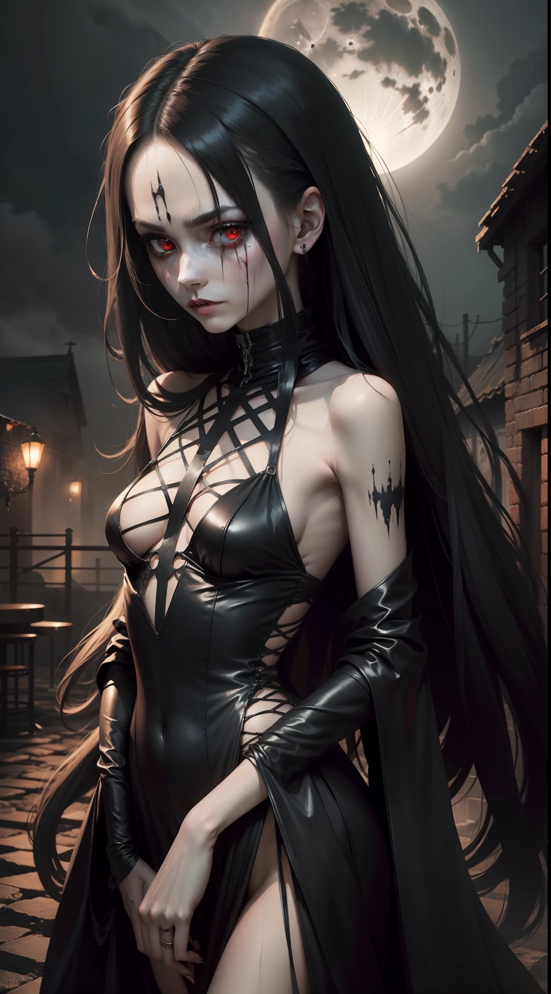 (masterpiece), A very pal humanoid character hovering above, with red eyes, her name is, horror, she is creepy, she is scary, shock value, very evil, she is skinny, evoke, fear, terror, dread, decay, disgust, dark, unusually thin, thin, scraggly, emaciated, twisted, frightening, sick, (messy_long_dark_hair), fog, evil eyes, eyes glowing, (she is wearing a black_dress), fall weather, cold, night time, she is in the air, floating, covered in blood, floating above a small town, she is in the air, up in the sky, full moon, 1600s
