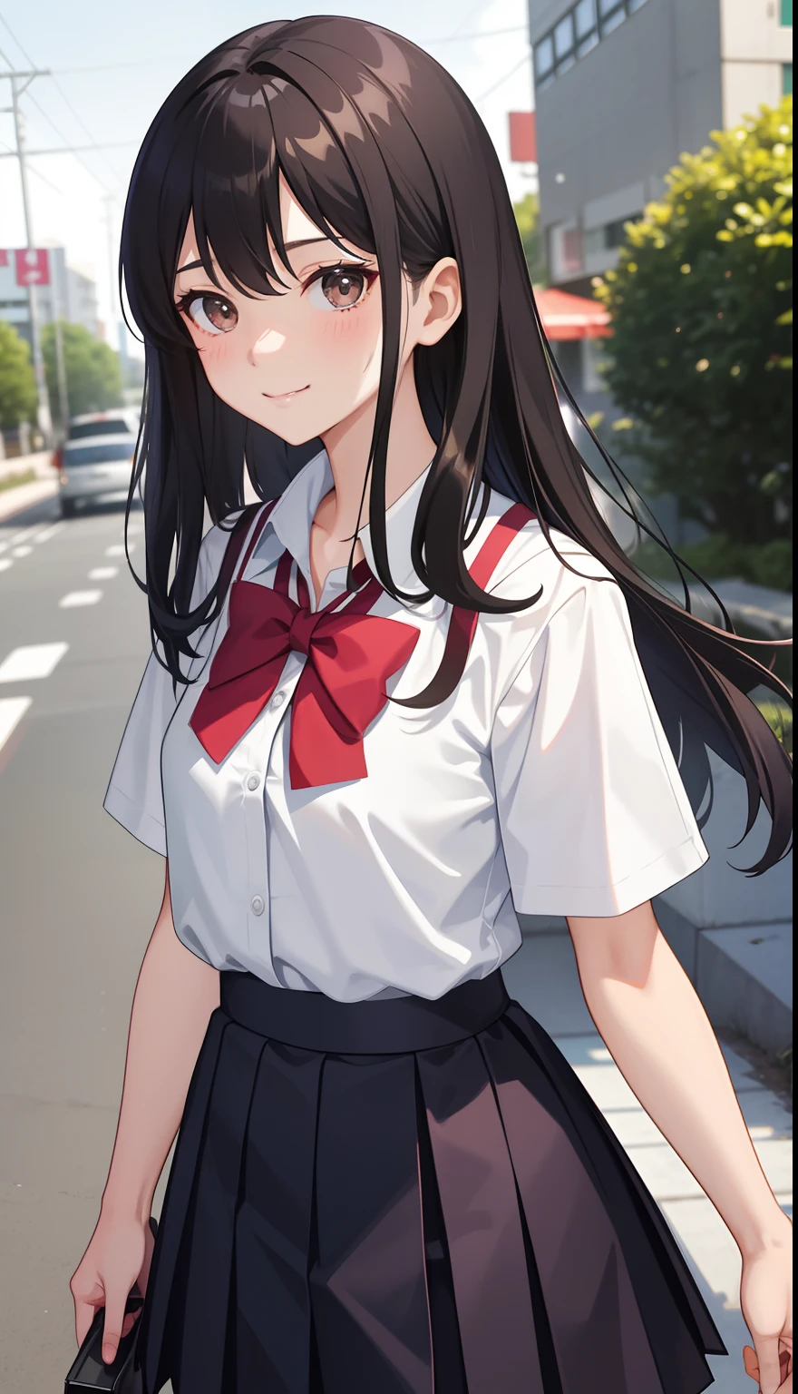 1girl in、A smile、The shirt、skirt by the、（small tits）Chilarism、Japan High School Student Uniform、serafuku、summer clothing、（Sheer Bra）、Upper body portrait、Dynamism!!Running with the wind、