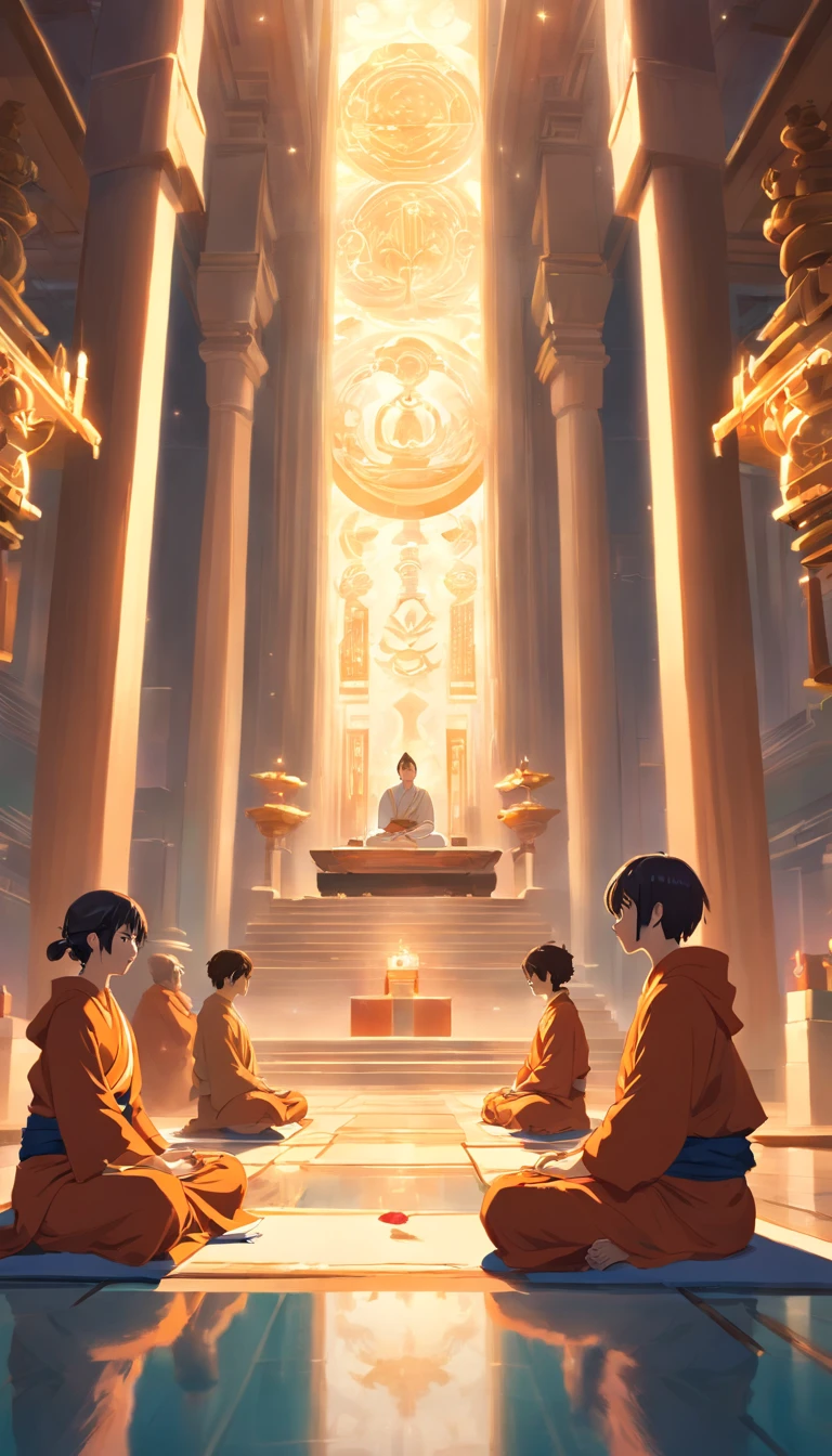 monjes meditando en medio de un templo, los monjes se encuentran sentados
