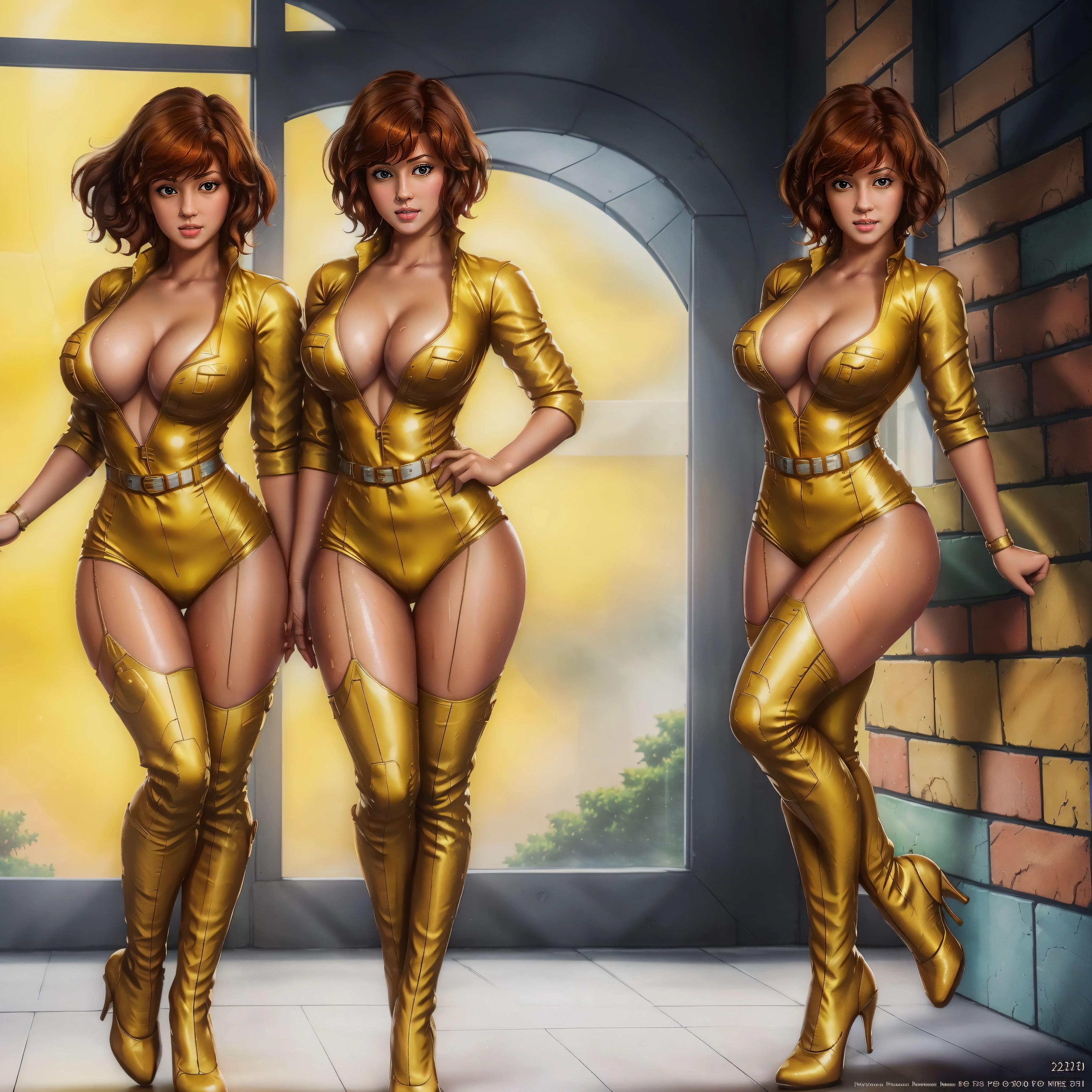 April O'neil wearing  wet transparent yellow Lingerie  breasts, short wet messy brown hair, brown eyes, 8k, ((full-body)), cleavage, (best quality:1.2), detailed face, smooth soft skin, big dreamy eyes, beautiful intricate coloured hair, symmetrical, anime wide eyes, soft lighting, concept art, full body portrait, yellow heels, shoes visible, cowboy shot, face view, ass view, puffy nipple, no background