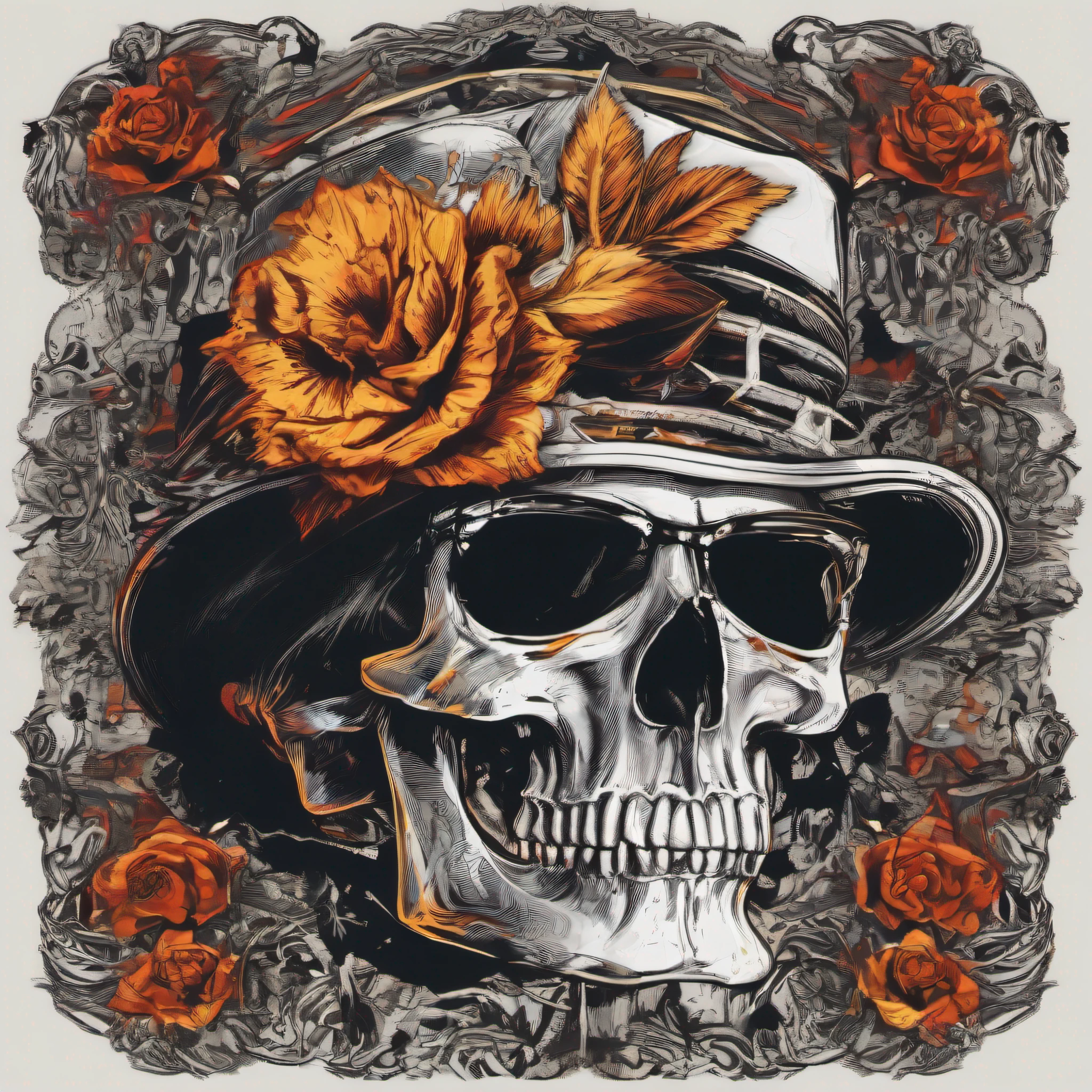 skull t-shirt design, bright and burning eyes, very rocker, illustration, white background