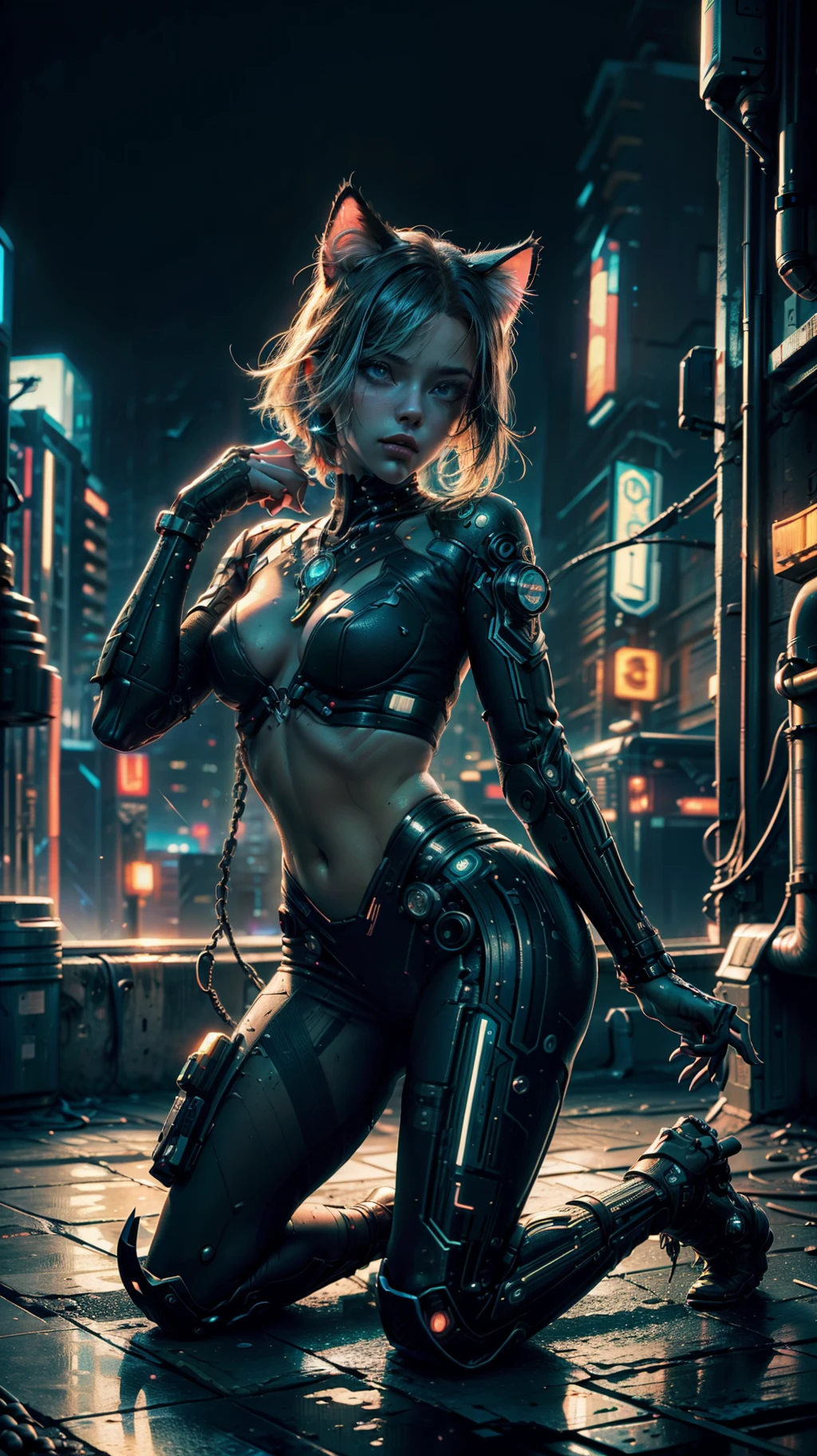 Beautiful image of Reika Shimohira as a (Cyberpunk Nekomata catgirl), slender body, cat ears, cat tail, ((kneeling on edge of rooftop)), ((dynamic pose)), science fiction, (cyberpunk city in the background), Gantz, Cyberpunk 2077, Ultra realistic photo, masterpiece, best quality, CG, wallpaper, HDR, high quality, high-definition, extremely detailed, {beautiful detailed face}, {beautiful detailed eyes}, (detailed light){{intricate detail}}, {highres}, ((detailed face)), neon light, chiaroscuro, key visual, intricate detail, highly detailed, breathtaking, vibrant, cinematic lighting, 18+, Nsfw