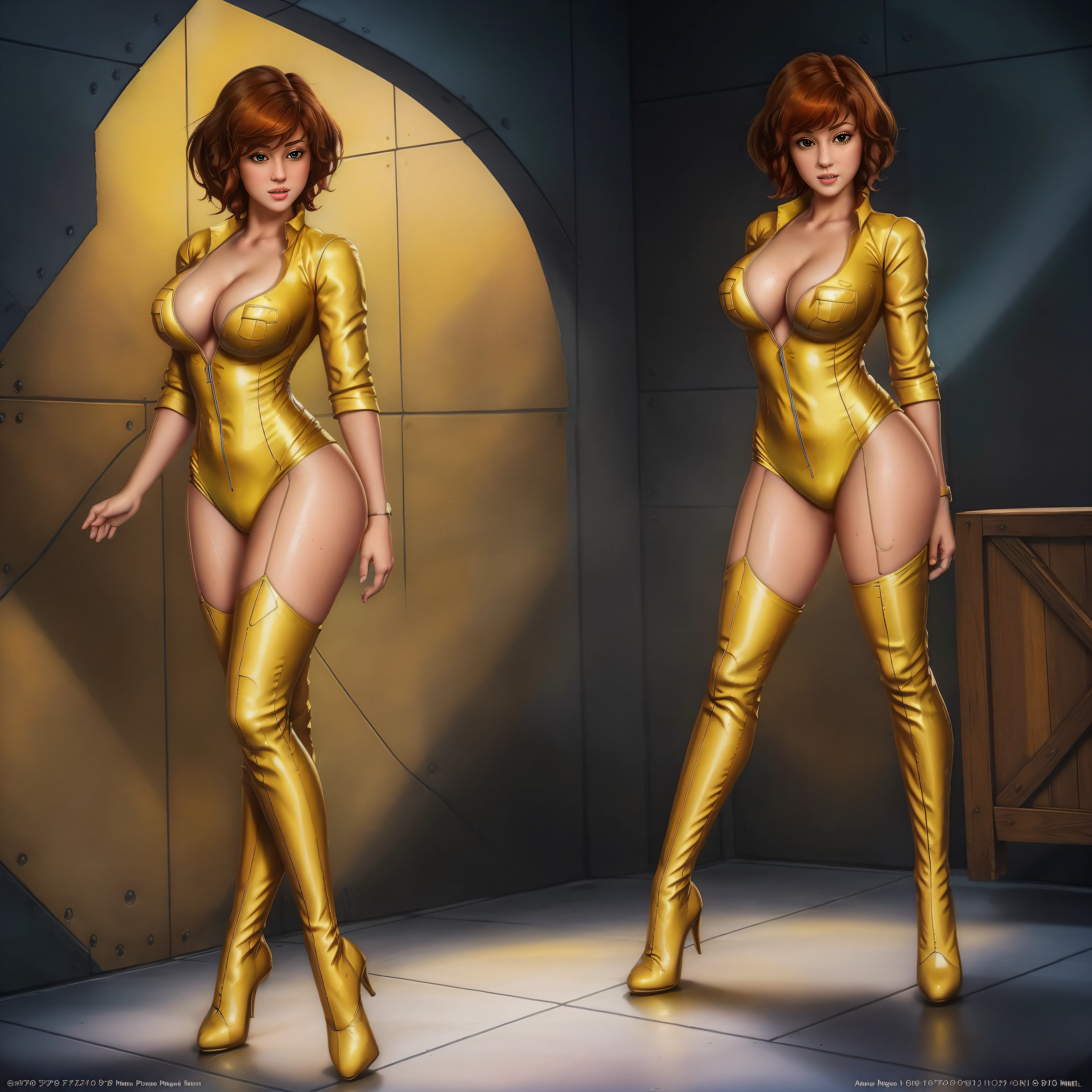 April O'neil wearing  wet transparent yellow Lingerie  breasts, short wet messy brown hair, brown eyes, 8k, ((full-body)), cleavage, (best quality:1.2), detailed face, smooth soft skin, big dreamy eyes, beautiful intricate coloured hair, symmetrical, anime wide eyes, soft lighting, concept art, full body portrait, yellow heels, shoes visible, cowboy shot, face view, ass view, puffy nipple, no background