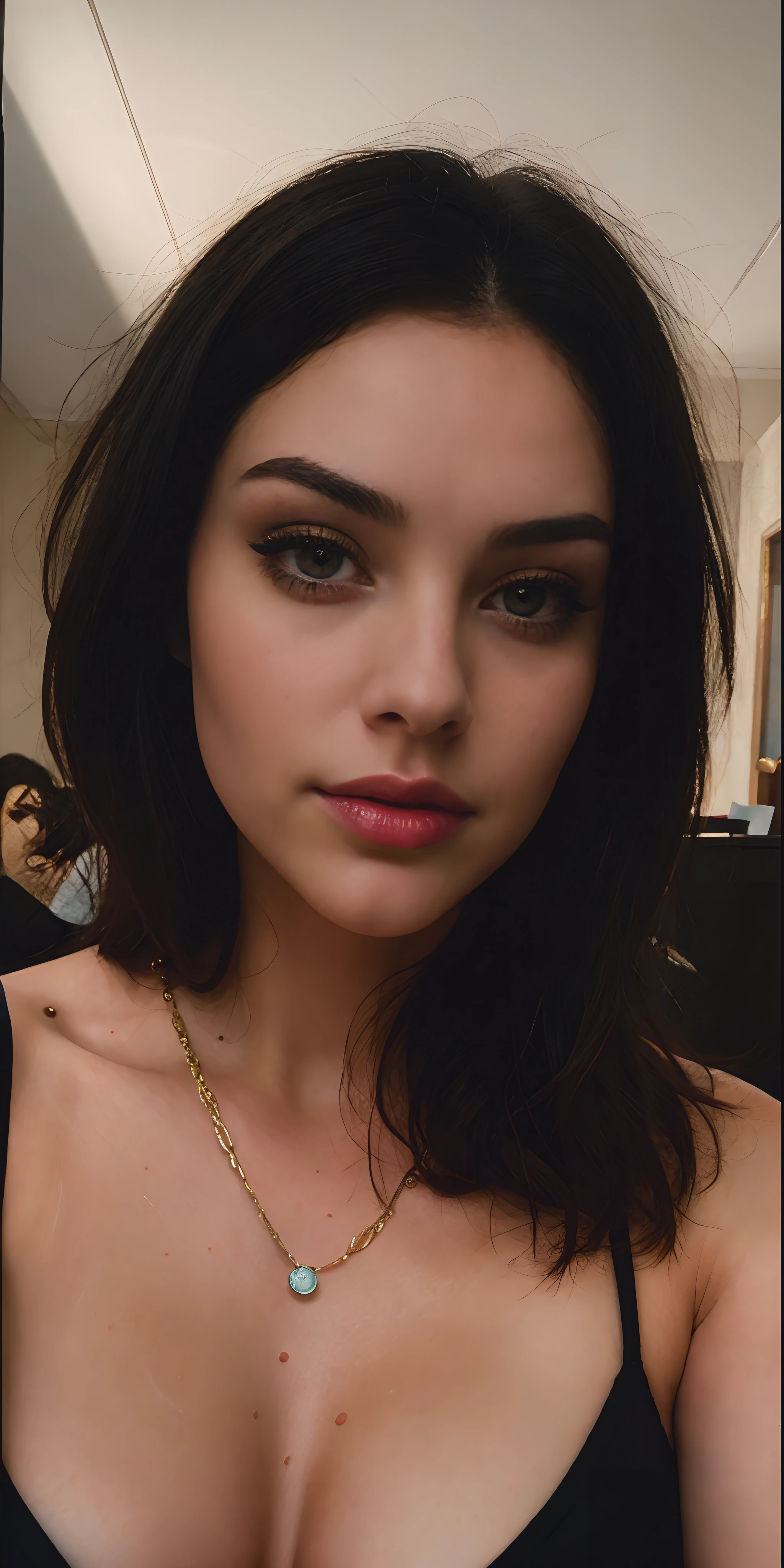 The world's sexiest beautiful beauty, flesh-colored tights, soaked all over, cinematic texture, best quality, movie poster, soft lighting, warm colors,A up close selfie photo of a half irish half venusian 22 year old white skin, dark black hair, showing cleavage, ultra detailed, dramatic, atmospheric, Masterpiece cinematic, clarity, 16mm, color graded portra 400 film, remarkable color, lip gloss, eyeliner, deep eyes, mesmerizing look