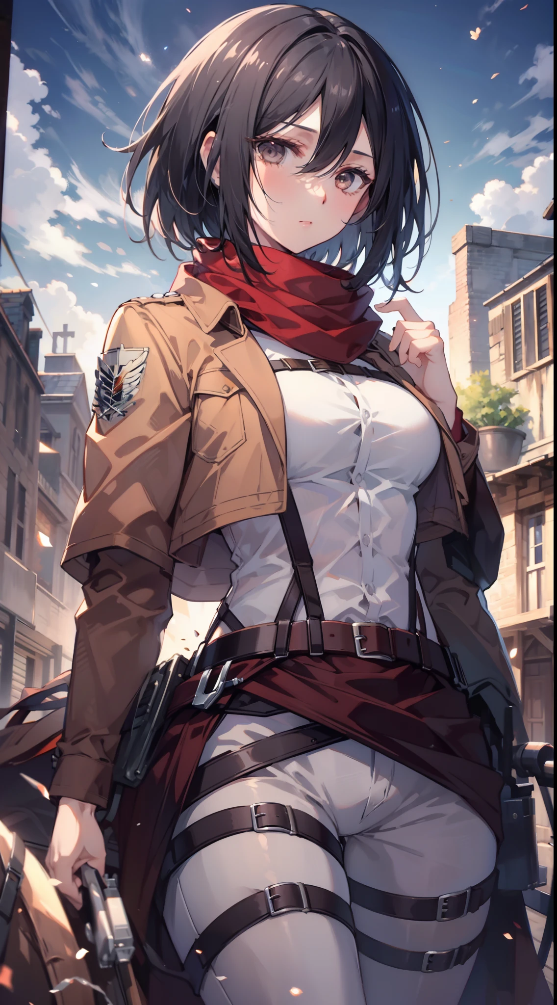 top-quality,Masterpiece,​masterpiece,detail portrayal,Intricate details,Fine details,Best Quality,Beautiful lighting,skinny body shape,Slender body lines,Tall,Mikasa,A dark-haired,short-hair,Big beautiful eyes,Red muffler,Brown jacket,White shirt,Black pants,Green cloak,Riding a horse,ride horse,full bodyesbian,Depiction from head to foot,cowboy  shot,Desolate land,Dark Face,