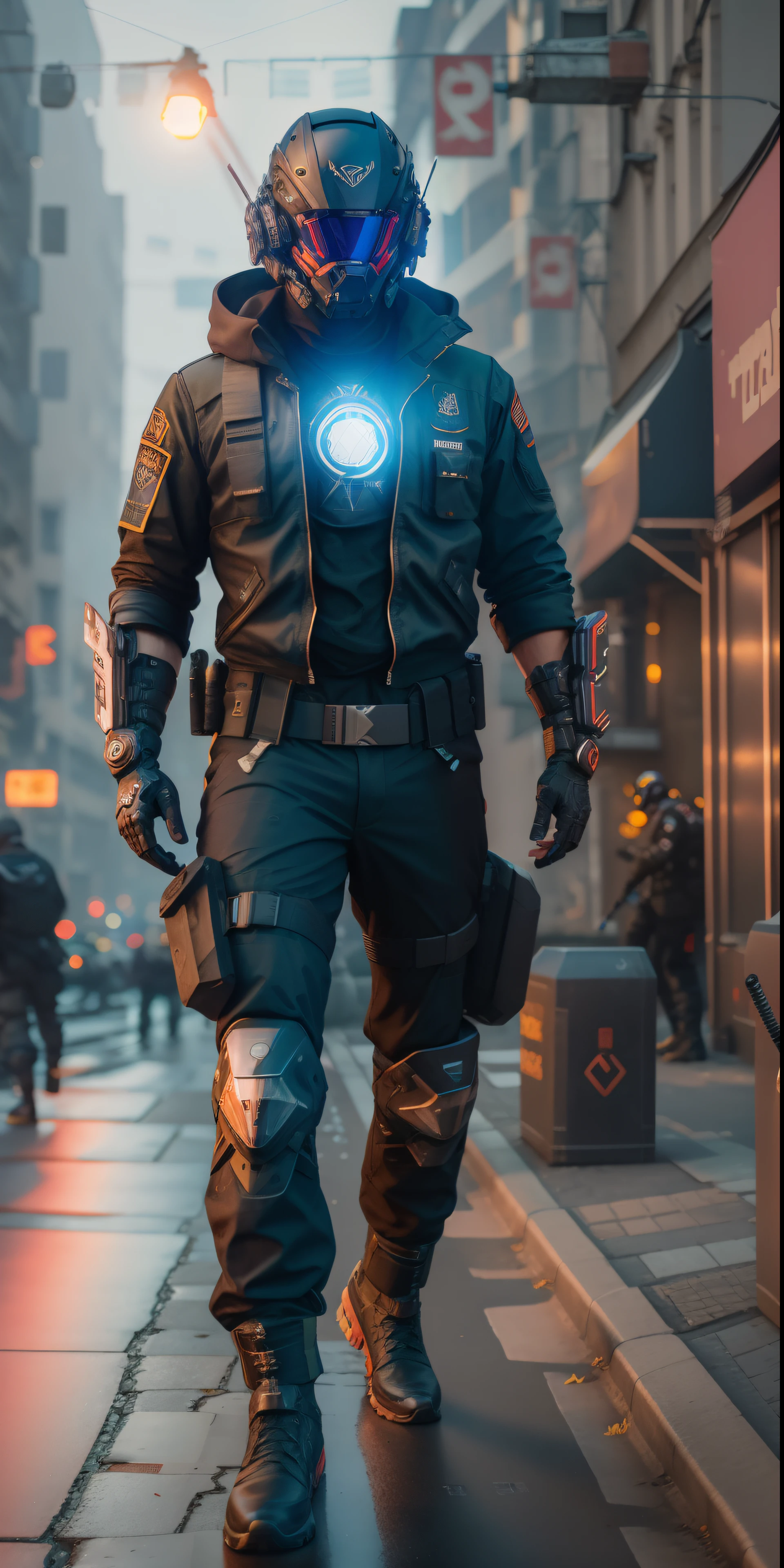 (Meisterwerk, full-body shot, Komplizierte RAW-Fotografie) Cyberpunk-Soldat, Im Schusswechsel springend, Schwarzer Kampfanzug Kleidung, dunkel, wears a black hi-tech style helmet, kompliziert, futuristisch, Spitzentechnologie, Dunkle Umgebung, dramatisch, Licht und Schatten, filmisch, Actionfilm, Sharpness, Cyberpunk Stadt, street lights, Dark Road, Nacht, Insta-Foto, Foto des Jahres, Oktan-Rendering, Substanz, Maya 3D,  Cinema4D, ArtStation im Trend, Devian Kunst-Trend,