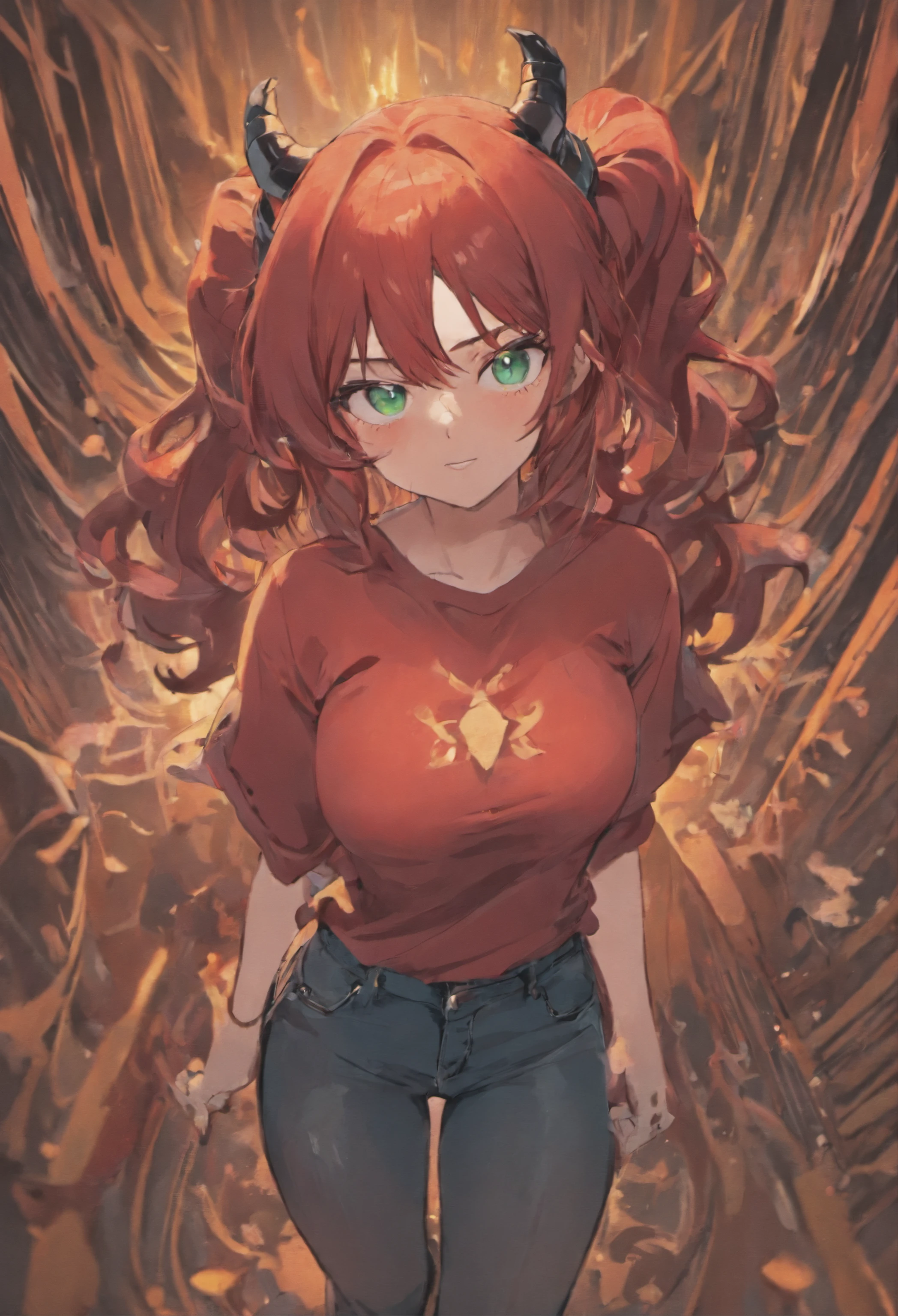 enigmatic but playful, (Emerald green eyes), ((Rich crimson hair)), (wavy cascading long hair), ((Twin pitch black demon horns)), otherworldly, exceptionally beautiful, ((plump)), big breasts, curvy, (((tight brown T-Shirt and blue jeans))), (ethereal spirit), (teasing smile), (high quality), volumetric lighting, evening light