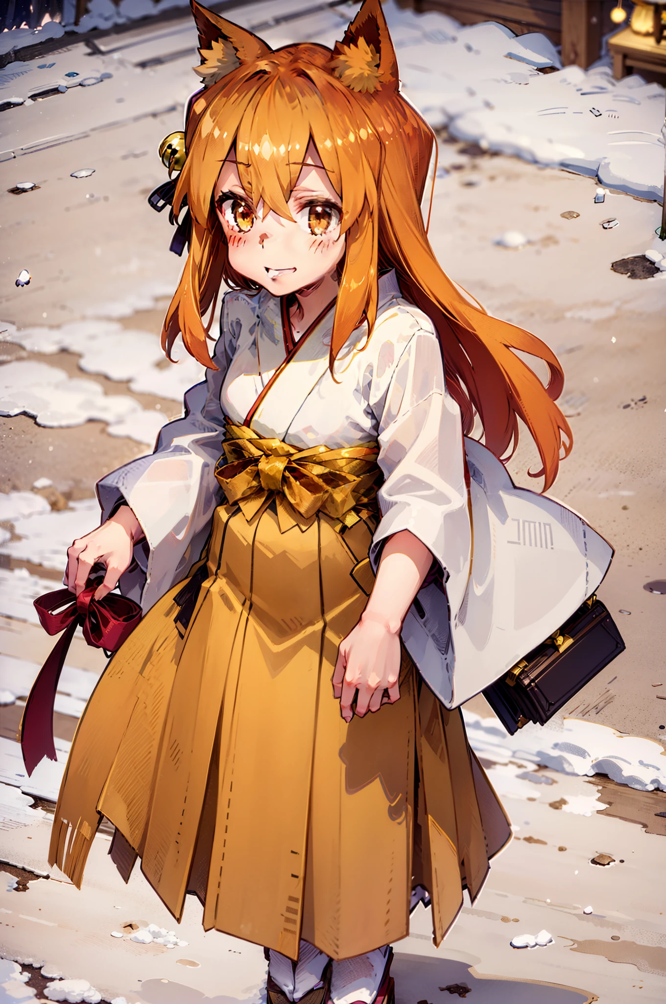 Masterpiece, best quality, perfect lighting, 1girl, solo, suzu, fox ears, fox tail, brown eyes, orange hair, yellow miko kimono, bell hair ornament, medium hair, ahoge, hair between eyes, standing, smile, winter, snow, nighttime, snowing, looking at viewer, (cold breath:1.4), (jitome:1),, standing, flipflops
