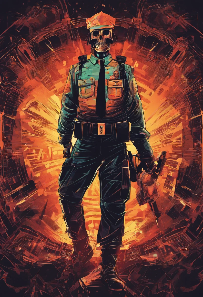 Policeman with a skull face, bright burning eyes, burning penitentiary background, ultra-detailed background Biomechanics, strange, scary, Nightmare, very bright colors, light particles, with bright light, Mshiff, Wallpaper art, Wallpaper UHD wall, no double face, no error.