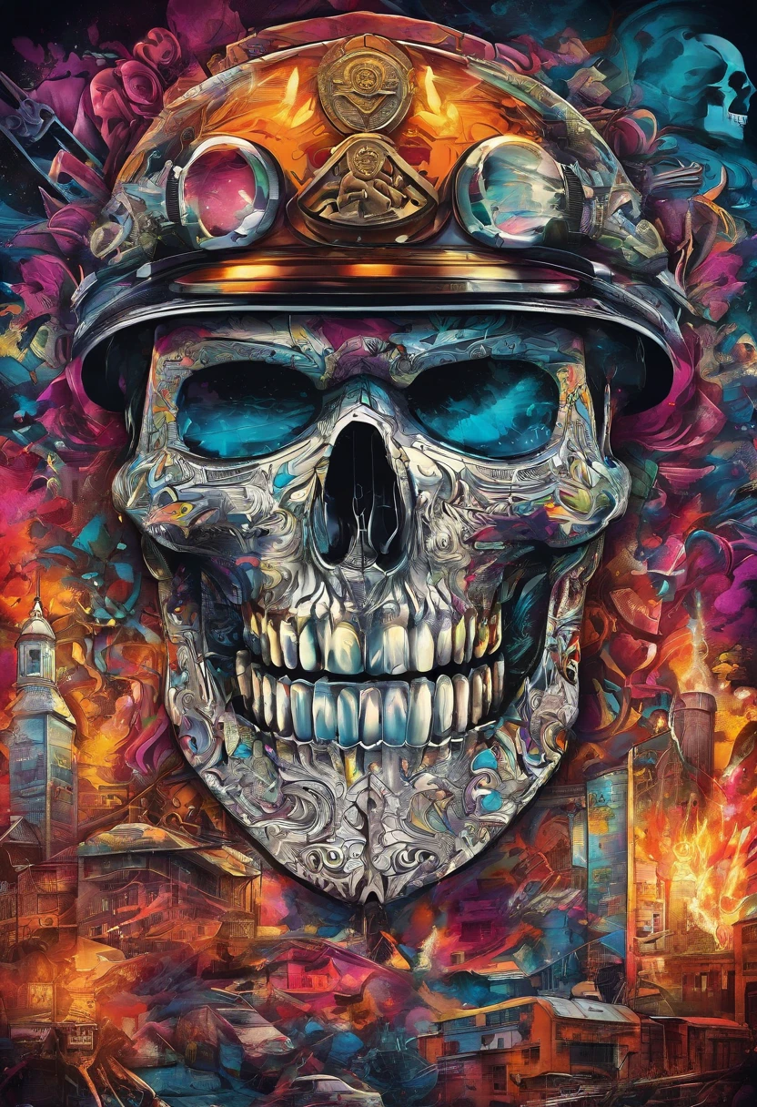 Policeman with a skull face, bright burning eyes, burning penitentiary background, ultra-detailed background Biomechanics, strange, scary, Nightmare, very bright colors, light particles, with bright light, Mshiff, Wallpaper art, Wallpaper UHD wall, no double face, no error.