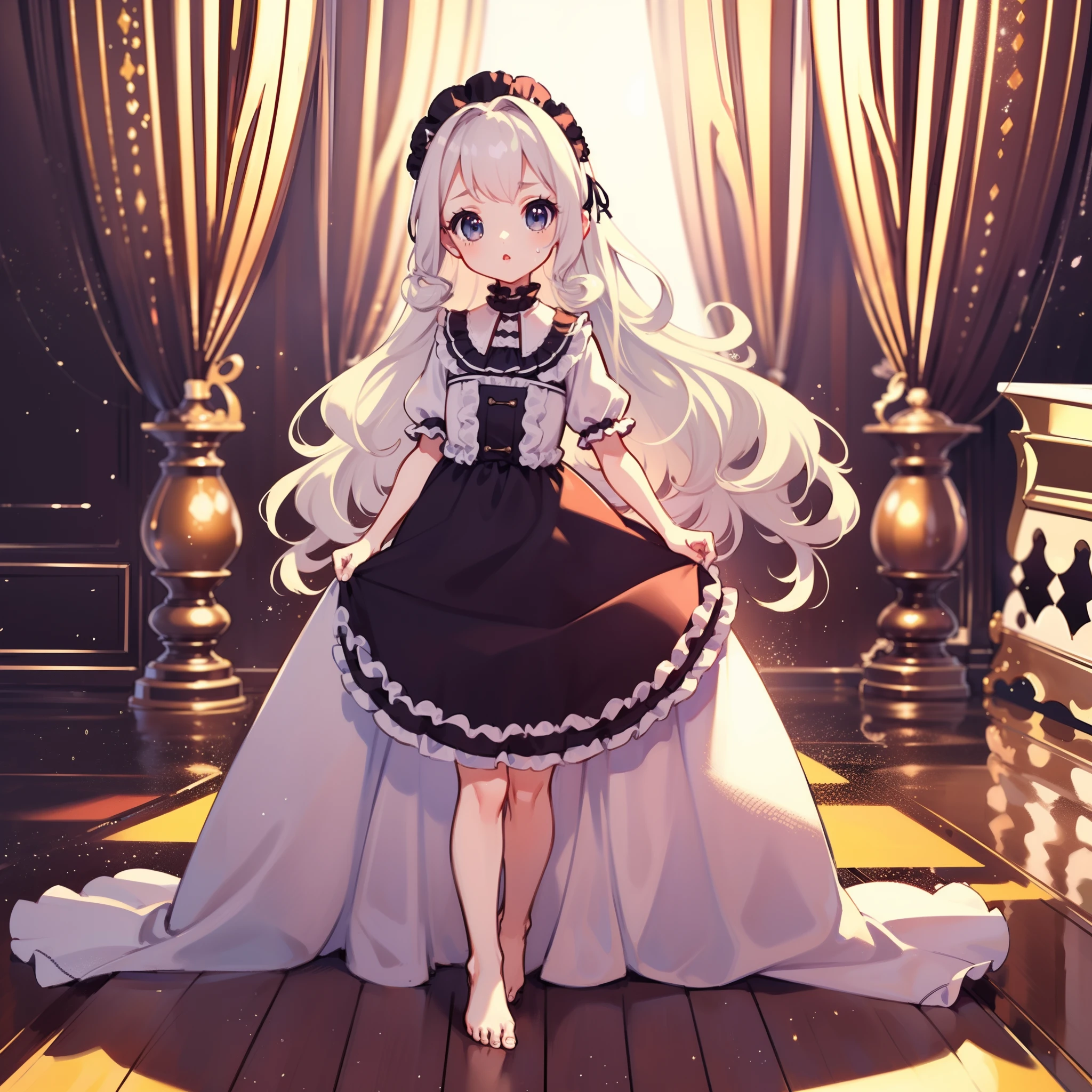 very cute female child:1.1,10 yo,action:1.6,Gothic Lolita cloth:1.8,dutch angle shot,dynamic angle:1.6,ground-level shot,low angle,full body shot,medium shot,Barefoot,livingroom:1.5,Summer,day, Long hair,flat chest,Wind,Drooping sweat:1.1,(extremely detailed CG unity 8k portrait),(highly detailed fingers),(Masterpiece: 1.3),(ultra detailed face),(Exquisite Detail: 1.2),highly detail Eye,(Highest Quality:1.4), (Super-Resolution: 1.2),(super fine illustration), Eyelashes, Best Quality,super detailed skin,