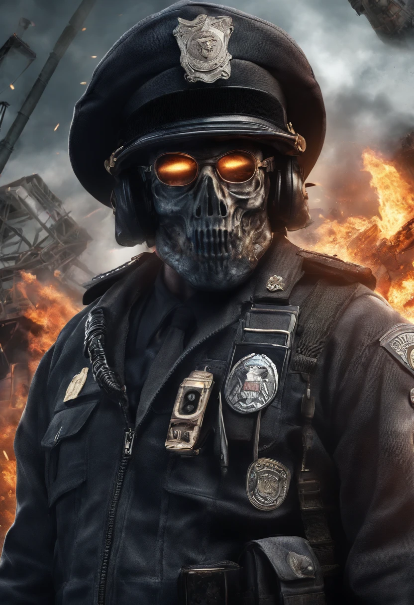 Policeman with a skull face, bright burning eyes, burning penitentiary background, ultra-detailed background Biomechanics, strange, scary, Nightmare, very bright colors, light particles, with bright light, Mshiff, Wallpaper art, Wallpaper UHD wall, no double face, no error.