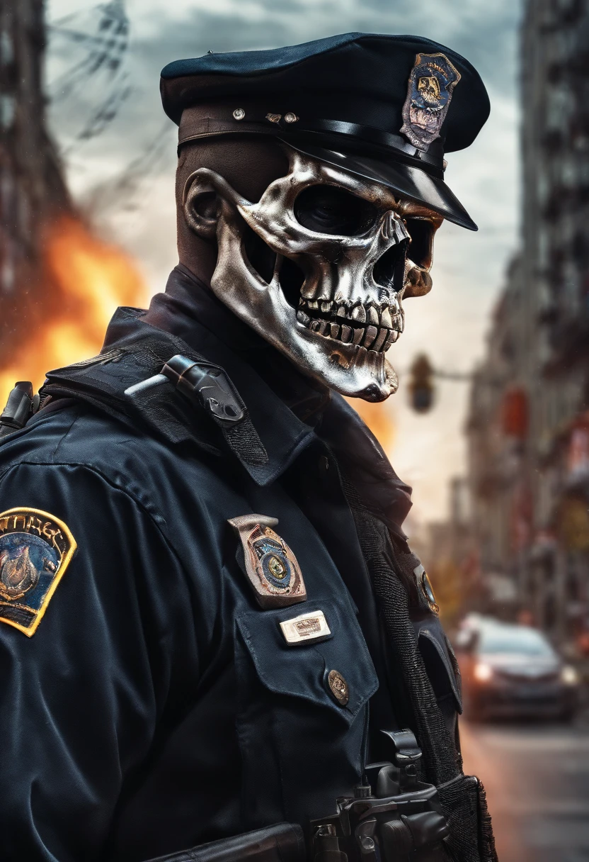 Policeman with a skull face, bright burning eyes, burning penitentiary background, ultra-detailed background Biomechanics, strange, scary, Nightmare, very bright colors, light particles, with bright light, Mshiff, Wallpaper art, Wallpaper UHD wall, no double face, no error.