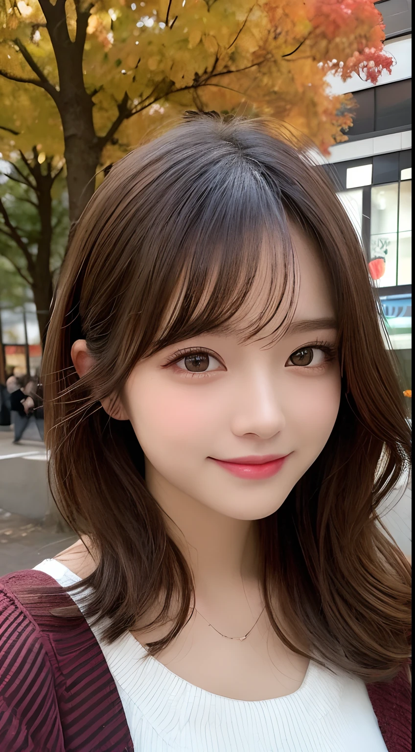masutepiece, Best Quality, Illustration, Ultra-detailed, finely detail, hight resolution, 8K Wallpaper, Perfect dynamic composition, Beautiful detailed eyes, Autumn Women's Fashion,waved hair,small tits、Natural Color Lip, Bold sexy poses,Smile,Harajuku、20 years girl、Cute、Sexy shot looking at camera