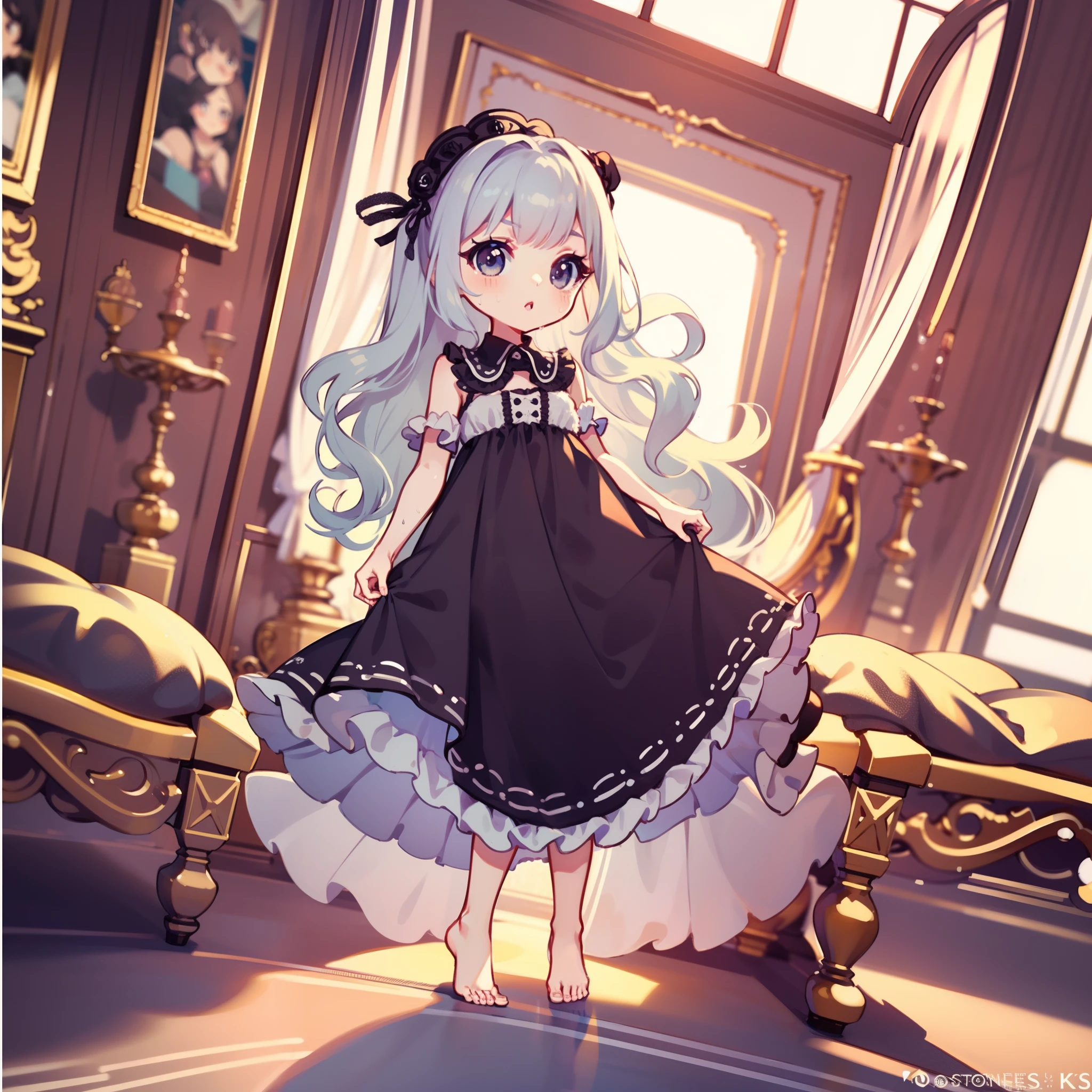 very cute female :1.1,10 yo,action:1.6,Gothic Lolita cloth:1.8,dutch angle shot,dynamic angle:1.6,ground-level shot,low angle,full body shot,medium shot,Barefoot,livingroom:1.5,Summer,day, Long hair,flat chest,Wind,Drooping sweat:1.1,(extremely detailed CG unity 8k portrait),(highly detailed fingers),(Masterpiece: 1.3),(ultra detailed face),(Exquisite Detail: 1.2),highly detail Eye,(Highest Quality:1.4), (Super-Resolution: 1.2),(super fine illustration), Eyelashes, Best Quality,super detailed skin,