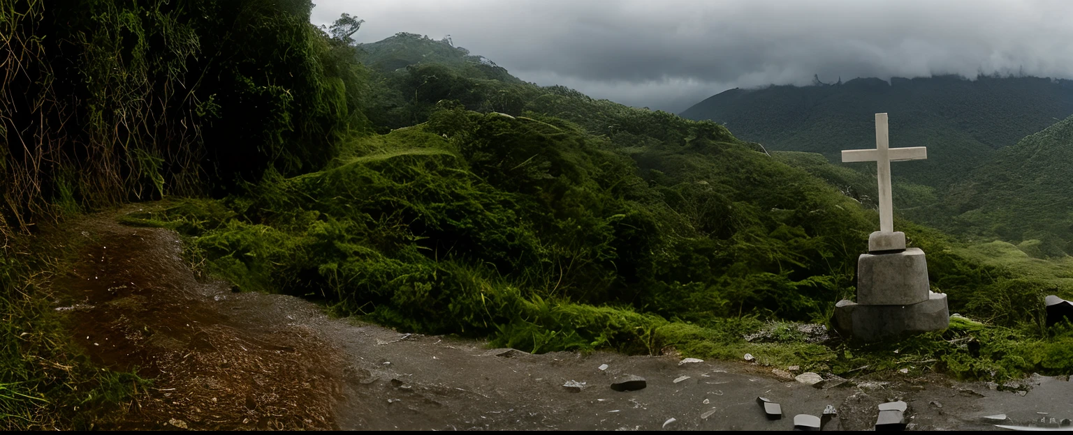 Hay una cruz en una colina con un camino al fondo, Fiji's stormy snowy mountain, with lots of vegetation, covered with vegetation, Carretera de deslizamientos de tierra, en medio de la naturaleza totalmente cubierta, Humid and lush jungle landscape, Gorge on the mountain, panorama shot, panorama shot