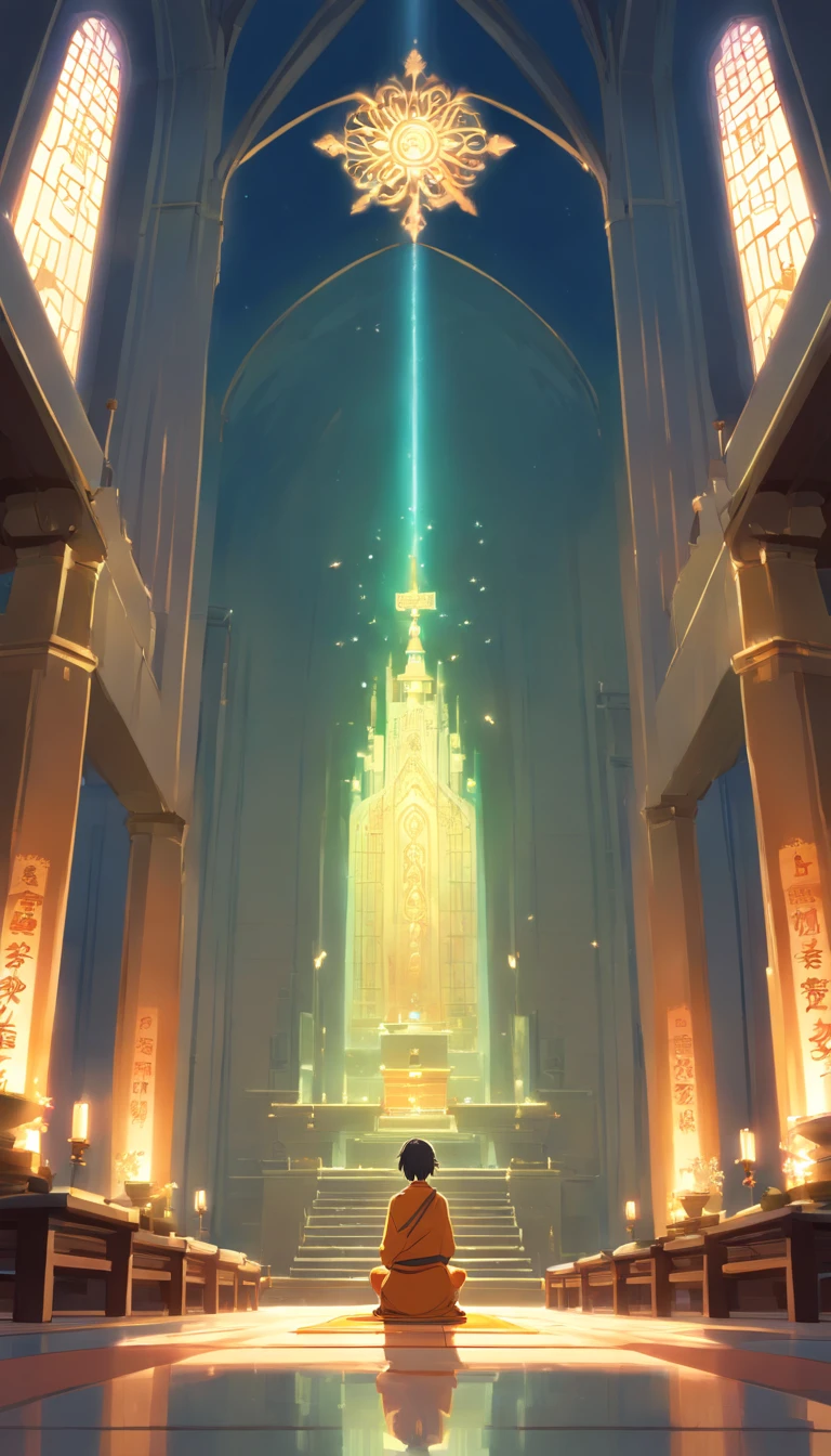 un espectro en medio  de monjes meditando en un templo, los monjes se encuentran sentados