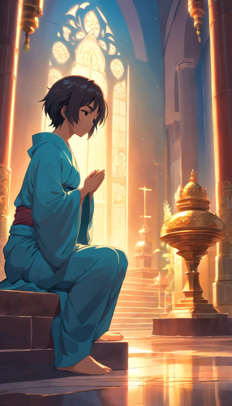un espectro en medio de monjes meditando en un templo, los monjes se encuentran sentados