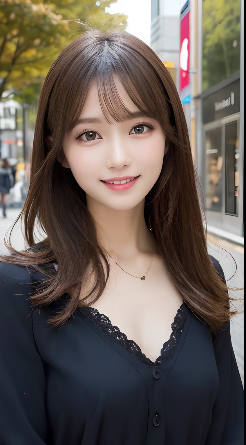 masutepiece, Best Quality, Illustration, Ultra-detailed, finely detail, hight resolution, 8K Wallpaper, Perfect dynamic composition, Beautiful detailed eyes, Women's Fashion Autumn,Straight hair,small tits,Natural Color Lip, Bold sexy poses,Smile,Harajuku、20 years girl、Cute、Sexy shot looking at camera