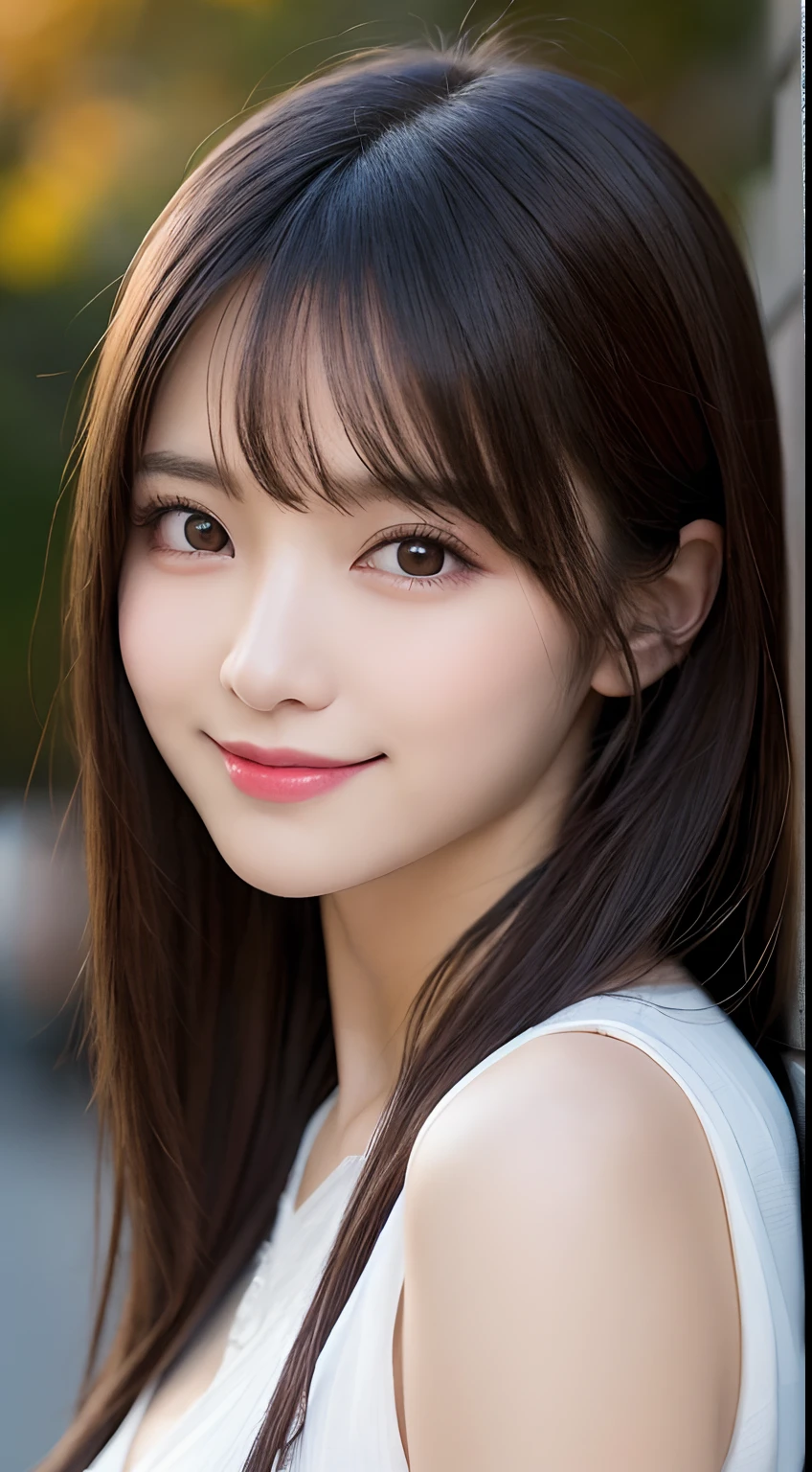 masutepiece, Best Quality, Illustration, Ultra-detailed, finely detail, hight resolution, 8K Wallpaper, Perfect dynamic composition, Beautiful detailed eyes, Women's Fashion Autumn,Straight hair,small tits,Natural Color Lip, Bold sexy poses,Smile,Harajuku、20 years girl、Cute、Sexy shot looking at camera