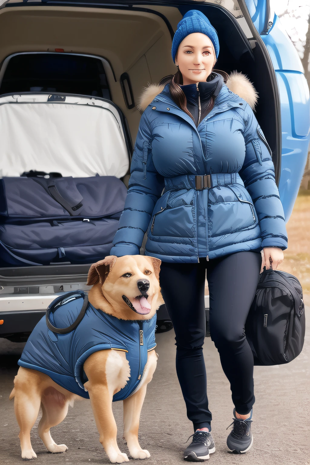 Make a woman with big breast, Blue long winterjacket , with open zipper, with face, body, Forrest, travel bag, black pants, camper, dog