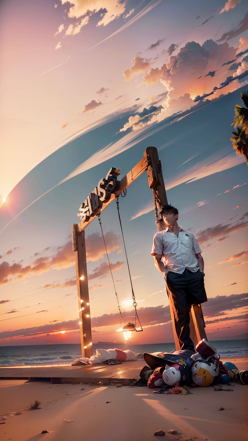Anime, a very high quality full length photo of a male character standing next to a swing, young, short black hair, very high quality cinematic lighting, palm trees and a beautiful sunset in the background -s2 --auto