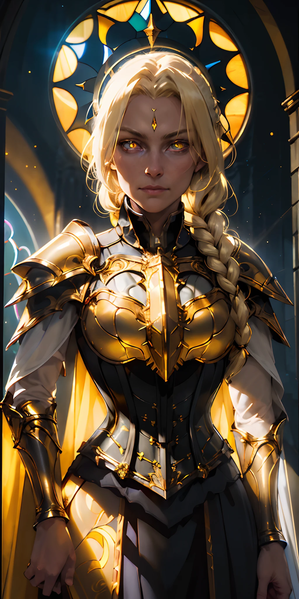 upper body of paladin lady in ornate golden armor, black collar, pauldrons, breastplate, corset, glowing halo, single braid, blonde, yellow glowing eyes, bright pupils, eye focus, red cape, temple indoors, stained glass windows, night, moonlight, particles, light beam, chromatic aberration