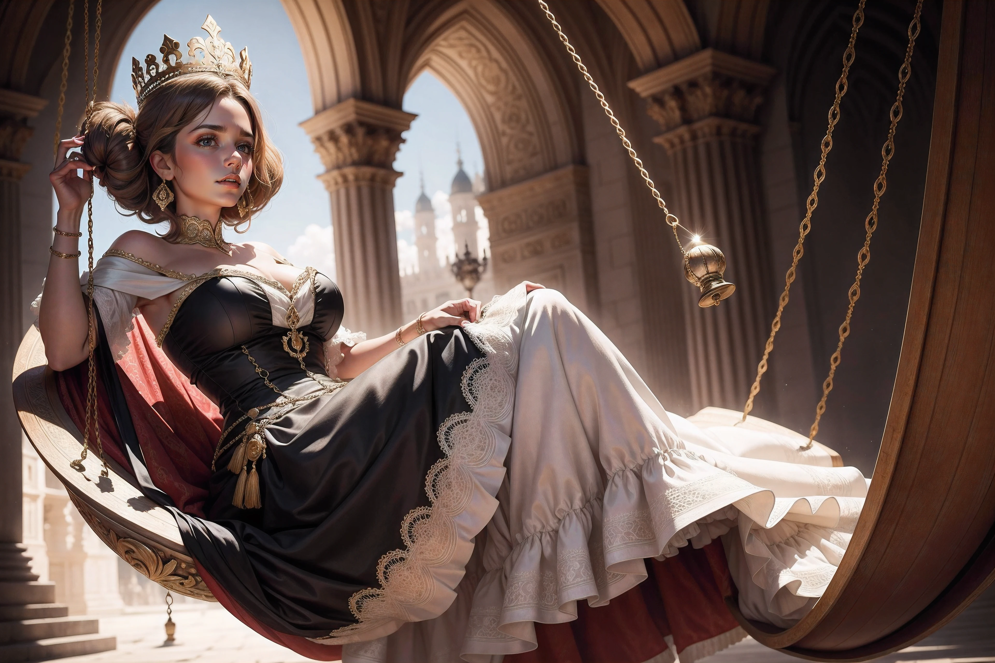 Spanish queen, wearing gown, swinging, Looking Over Her Shoulder