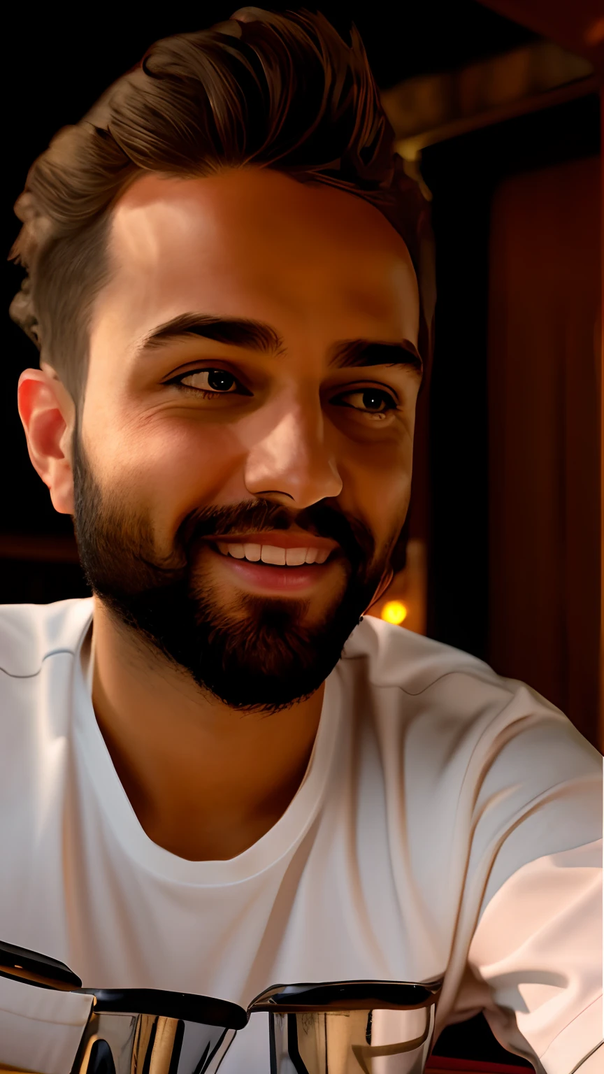 Generate full body of this man and make it look like sitting in a bar keep it realistic.high quality.and cinematic lights.