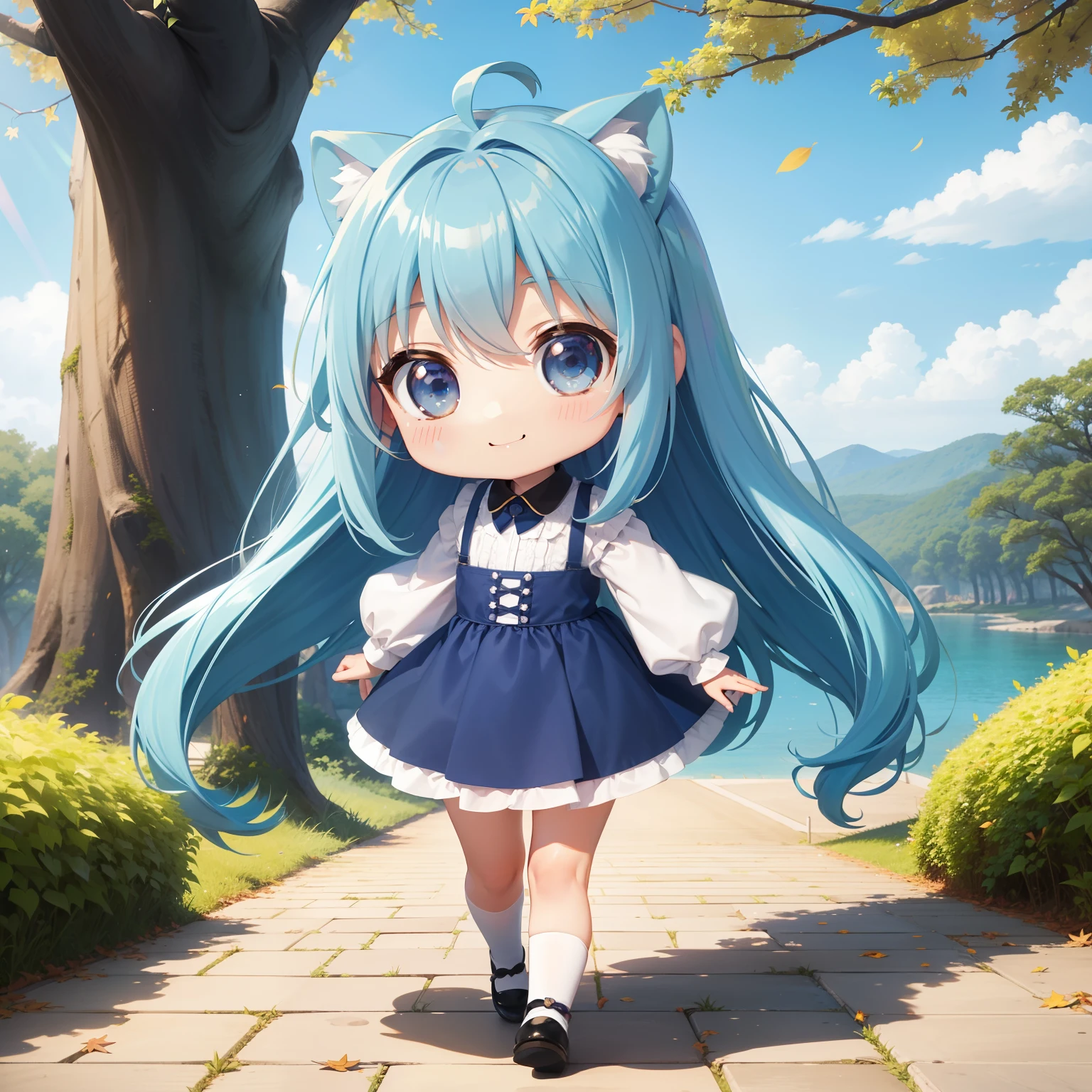 Super ultra happy cute , with wolf ears and blue hair, holding her cheeks, wolf tail, wearing a white summer dress, looking at veiwer, full body, upskirt, striped blue and white panties, sneakers