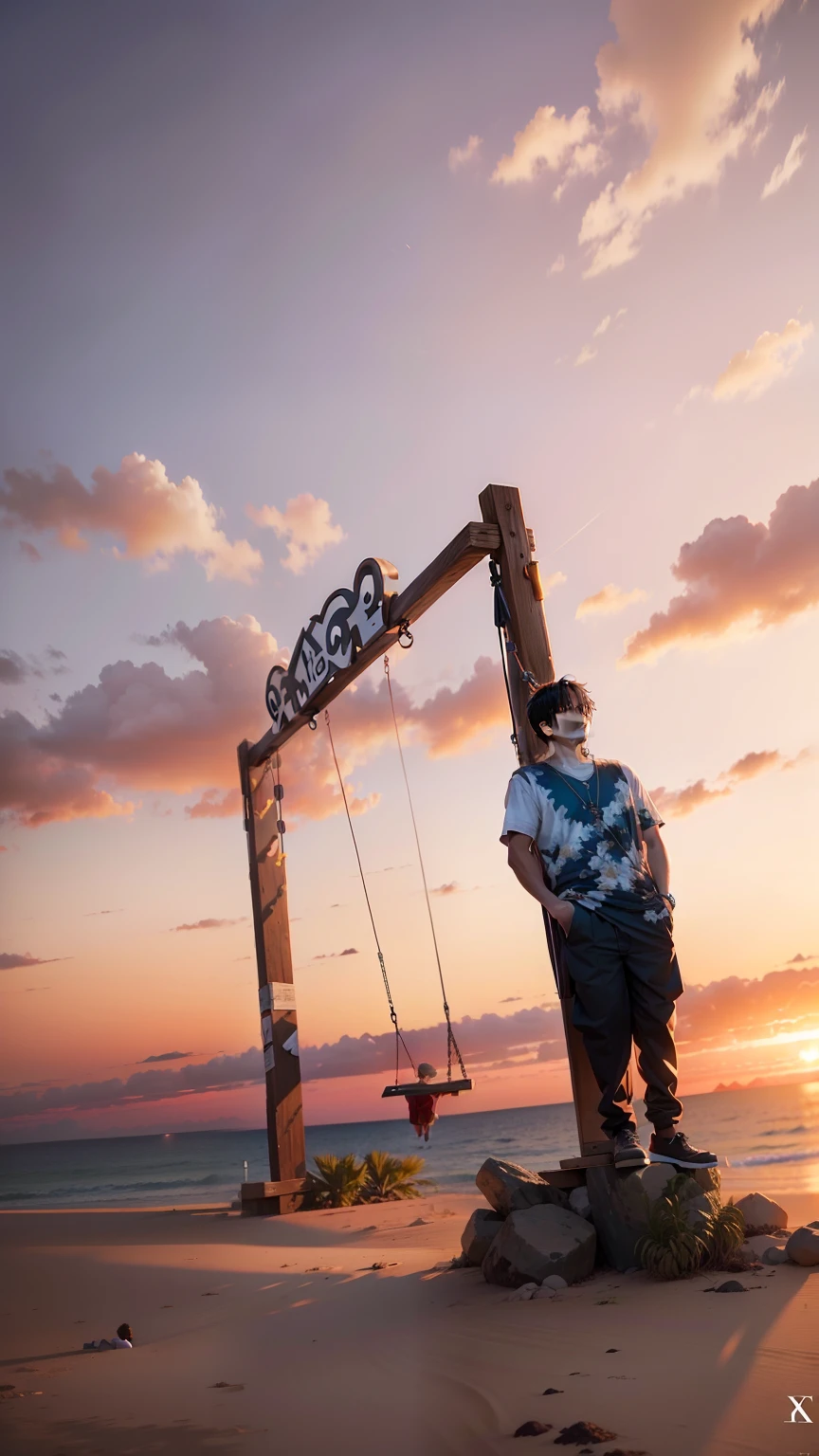 Anime, a very high quality full length photo of a male character standing next to a swing, young, short black hair, very high quality cinematic lighting, palm trees and a beautiful sunset in the background -s2 --auto