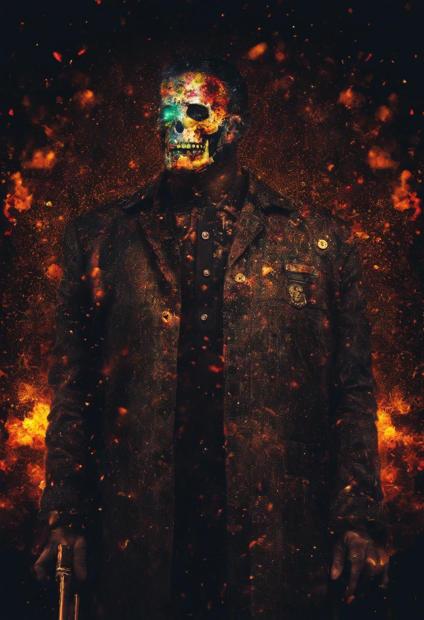 Skeleton with leather jacket and green military hat, Set ablaze by beating Hugo Chavez frias 