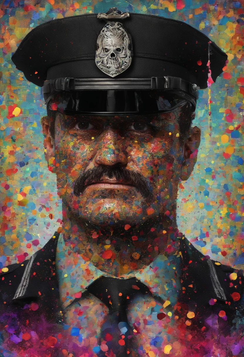 Policeman with a skull face, bright burning eyes, burning penitentiary background, ultra-detailed background Biomechanics, strange, scary, Nightmare, very bright colors, light particles, with bright light, Mshiff, Wallpaper art, hard line, ultra line, bold line, Wallpaper UHD wall, no double face, no error.