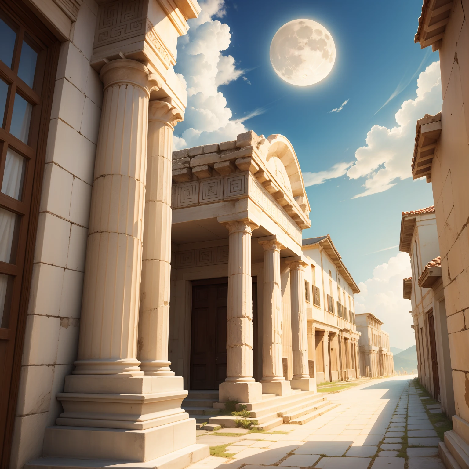 Ancient Greek city、sunny sky、Big Moon