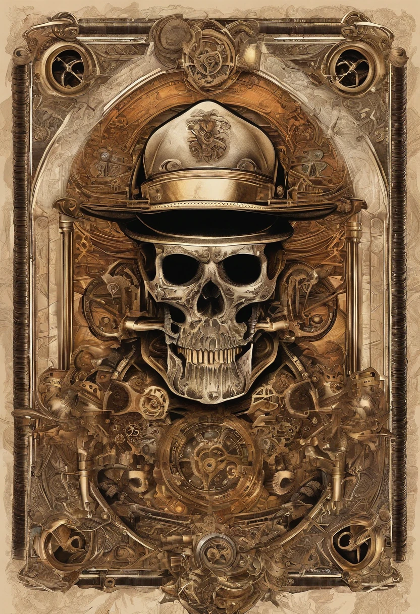 Policeman with a skull face, bright burning eyes, burning penitentiary background, ultra-detailed background Biomechanics, strange, scary, Nightmare, very bright colors, light particles, with bright light, Mshiff, Wallpaper art, hard line, ultra line, bold line, Wallpaper UHD wall, no double face, no error.