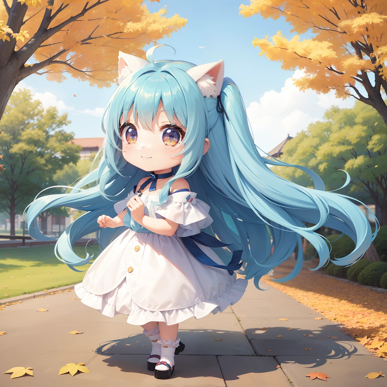 Chibichara　long hair with blue hair((Chibi Chara))、Fluffy、girl with、a smile、Chibi Chara、full body Esbian、Pastel colors hair、masutepiece、top-quality、Park of autumn leaves