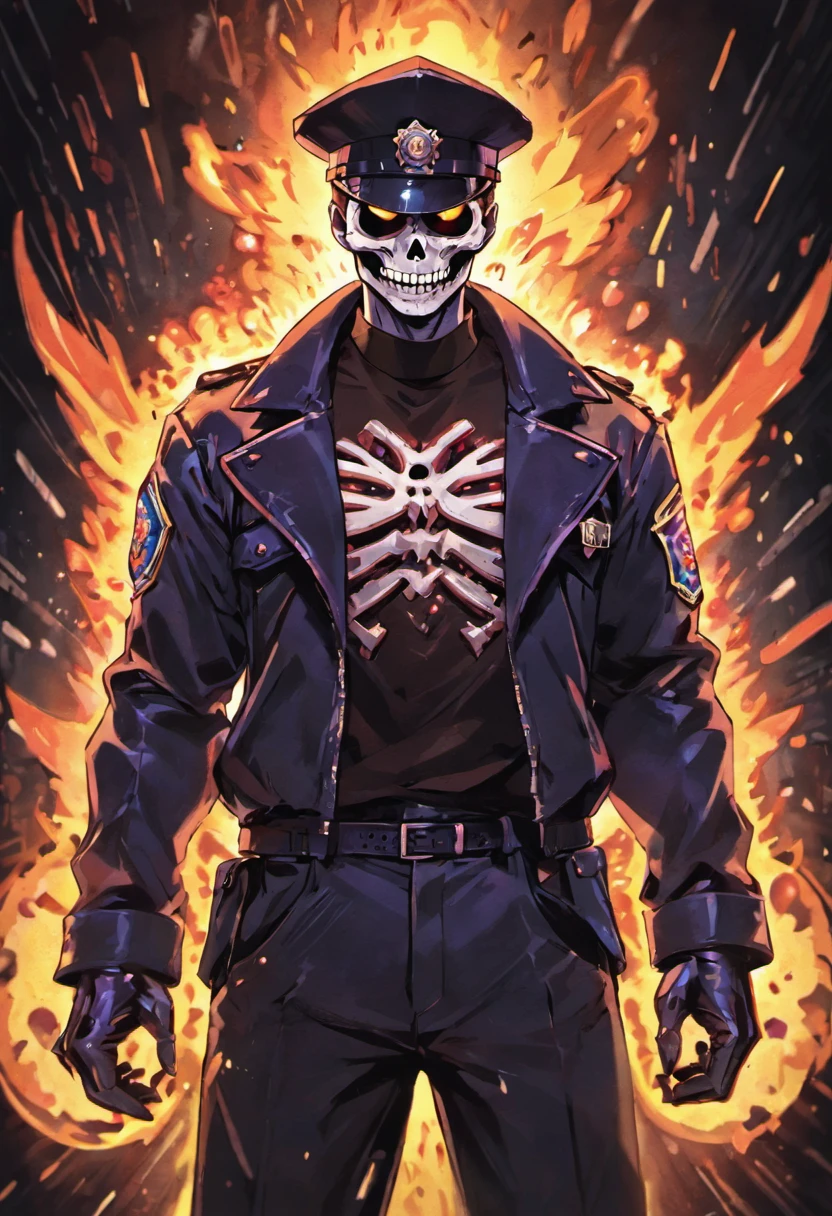 Policeman with a skull face, bright burning eyes, burning penitentiary background, ultra-detailed background Biomechanics, strange, scary, Nightmare, very bright colors, light particles, with bright light, Mshiff, Wallpaper art, hard line, ultra line, bold line, Wallpaper UHD wall, no double face, no error.