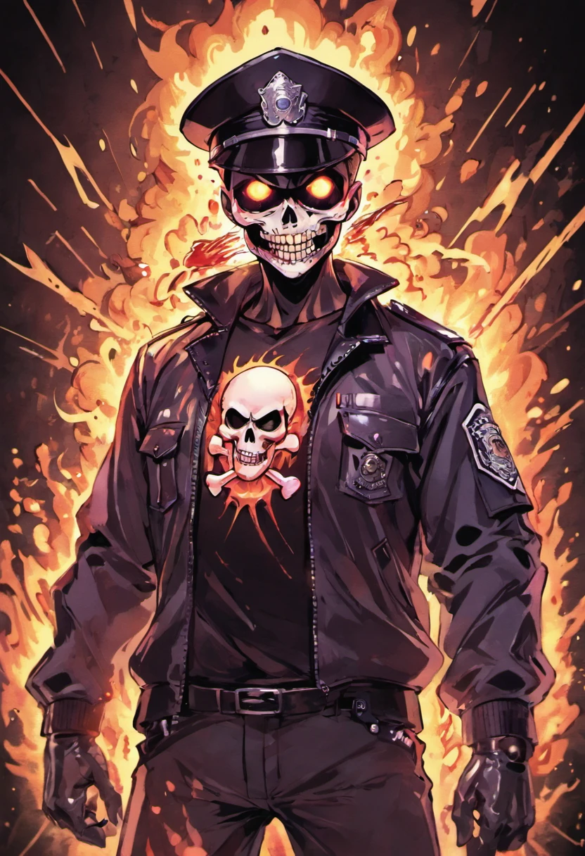 Policeman with a skull face, bright burning eyes, burning penitentiary background, ultra-detailed background Biomechanics, strange, scary, Nightmare, very bright colors, light particles, with bright light, Mshiff, Wallpaper art, hard line, ultra line, bold line, Wallpaper UHD wall, no double face, no error.