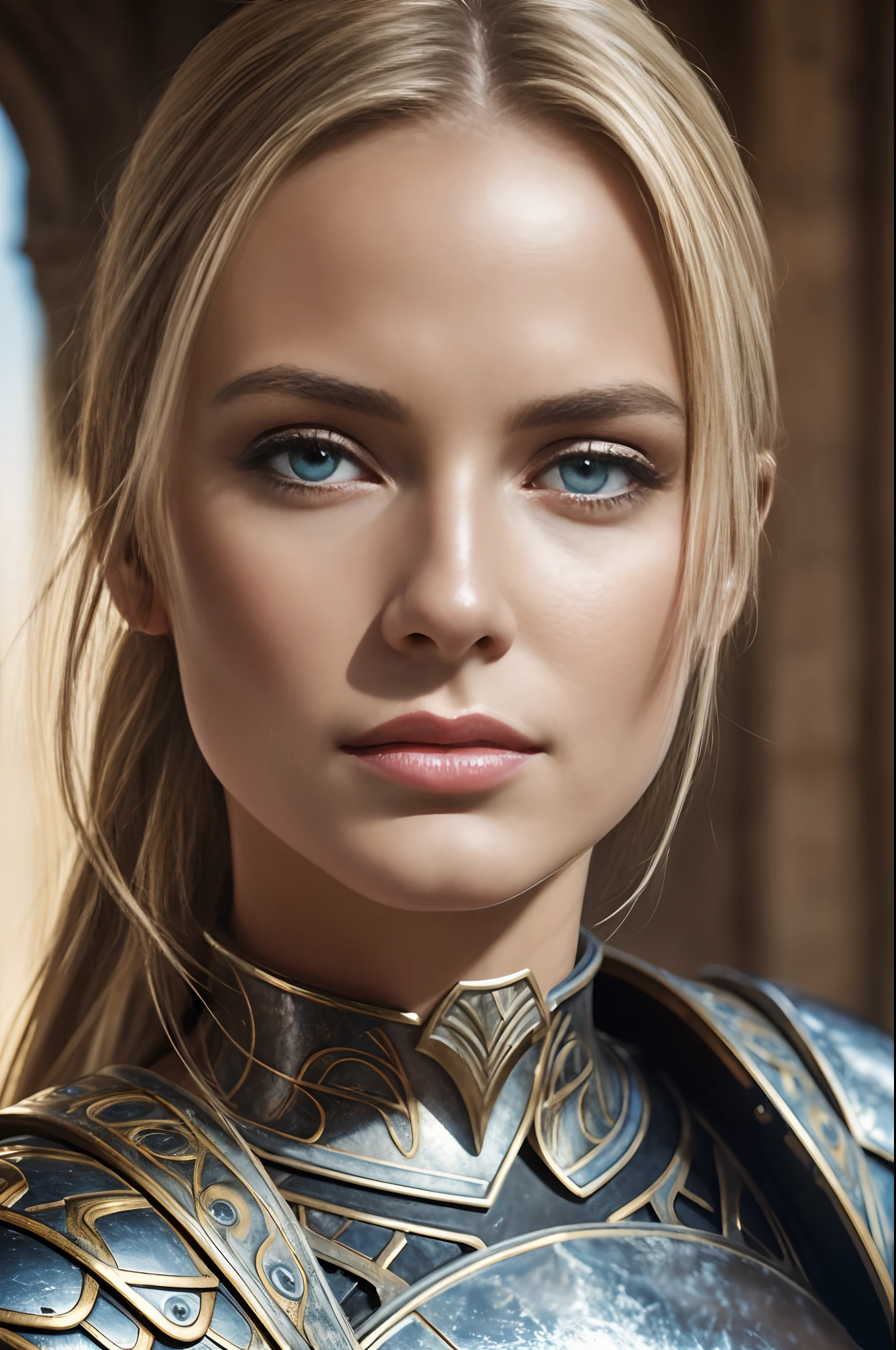 Realistic photo of a beautiful woman, (Noot Seear:1.0), (skin texture:1.1), (detailed eyes), blonde hair in a loose ponytail, (detailed face), (skin pores), (legs), (sexy fantasy warrior armor), metallic shine, on castle wall, facing the camera, (masterpiece), (photorealistic:1.4), RAW photo, best quality, high res, rich colors, backlight, bright sunlight, cinematic lighting, film grain, raw photo, 50mm lens, Nikon D850, warm colors, by Helmut Newton, close-up
