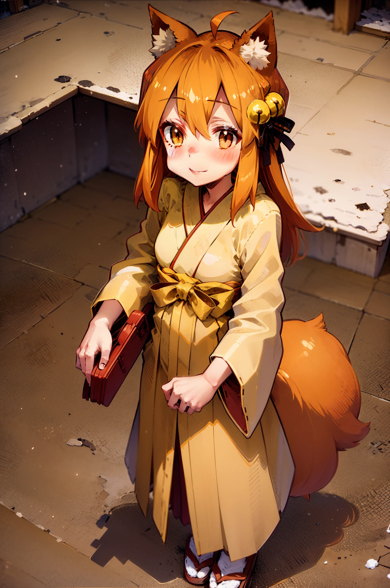 Masterpiece, best quality, perfect lighting, 1girl, solo, suzu, fox ears, fox tail, brown eyes, orange hair, yellow miko kimono, bell hair ornament, medium hair, ahoge, hair between eyes, standing, smile, winter, snow, nighttime, snowing, looking at viewer, (cold breath:1.4), (jitome:1),, standing, flipflops