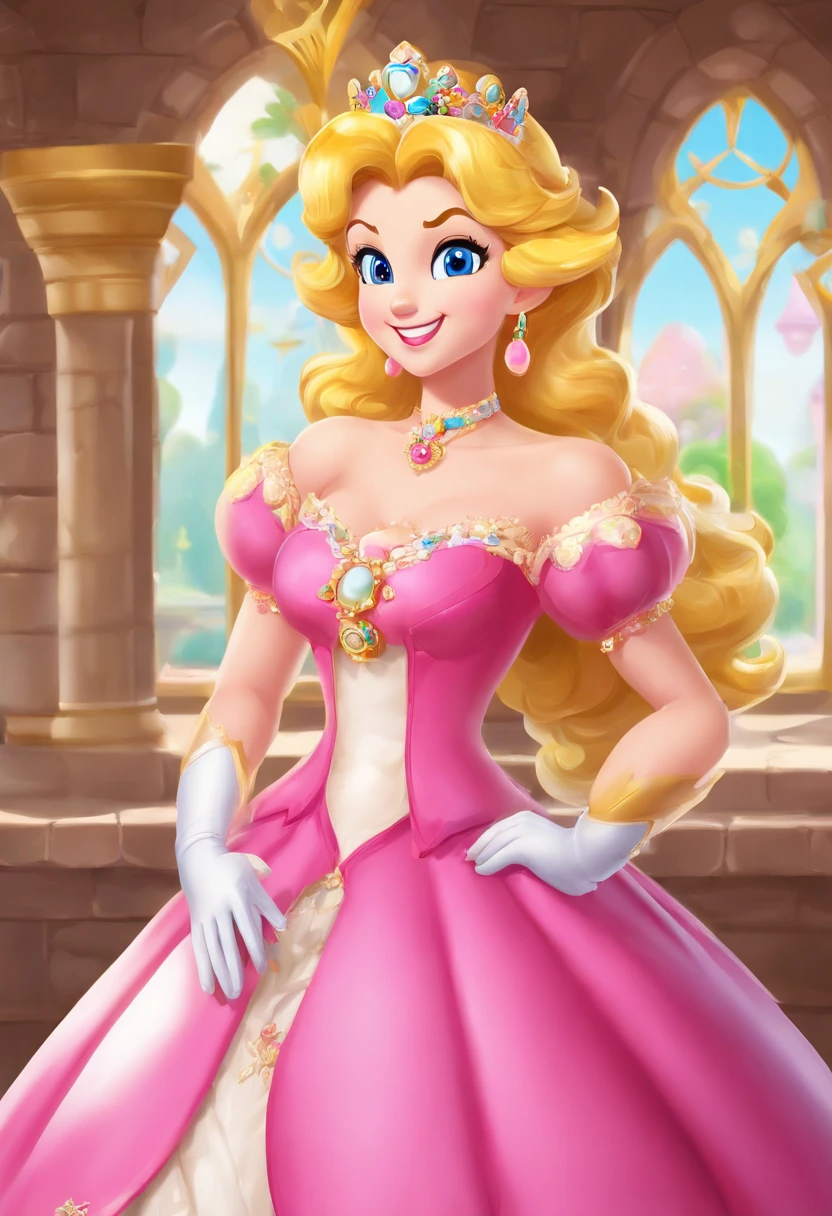 (Inside a castle setting,) A petite Princess Peach wearing a beautiful hot pink dress, she is gentleand compassionate and is shown smiling gently, she wears a golden crown atop her blond hair and white gloves. She is a tall, extremely beautiful young princess with a fair skin complexion, light blue eyes, dark yellow eyebrows, and a small nose. She has six long eyelashes on each eye as well as dark eyeliner. Her lips are round with pink lipstick. With a focus on her large alluring chest, she is depicted in a close-up shot. She is smiling in a full body shot