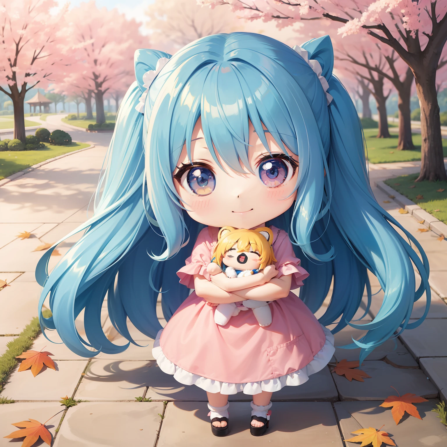 Chibichara long hair with blue hair((Chibi Chara))、Fluffy、girl with、a smile、Chibi Chara、full body Esbian、Pastel colors hair、masutepiece、top-quality、Park of autumn leaves