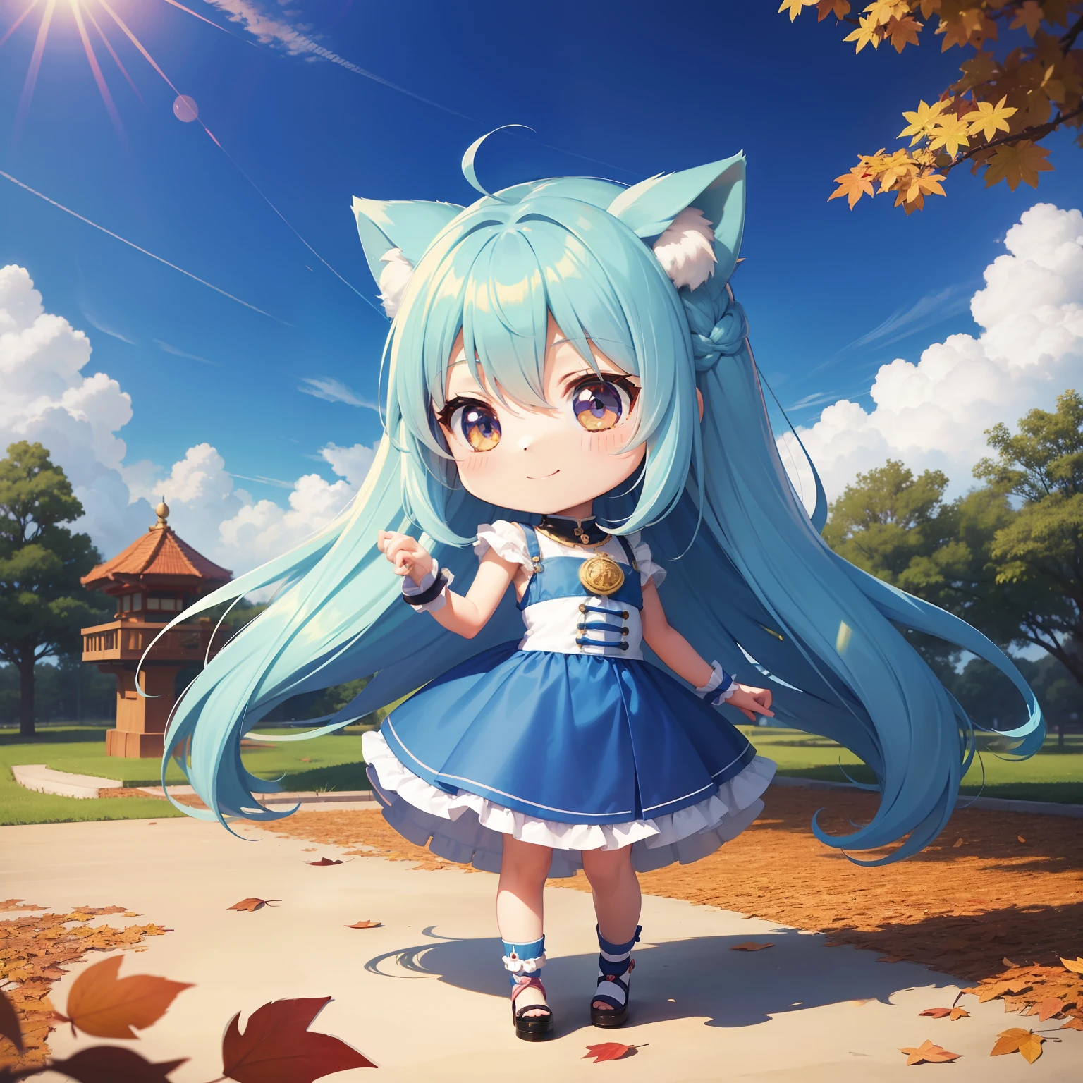 Chibichara long hair with blue hair((Chibi Chara))、Fluffy、girl with、a smile、Chibi Chara、full body Esbian、Pastel colors hair、masutepiece、top-quality、Park of autumn leaves
