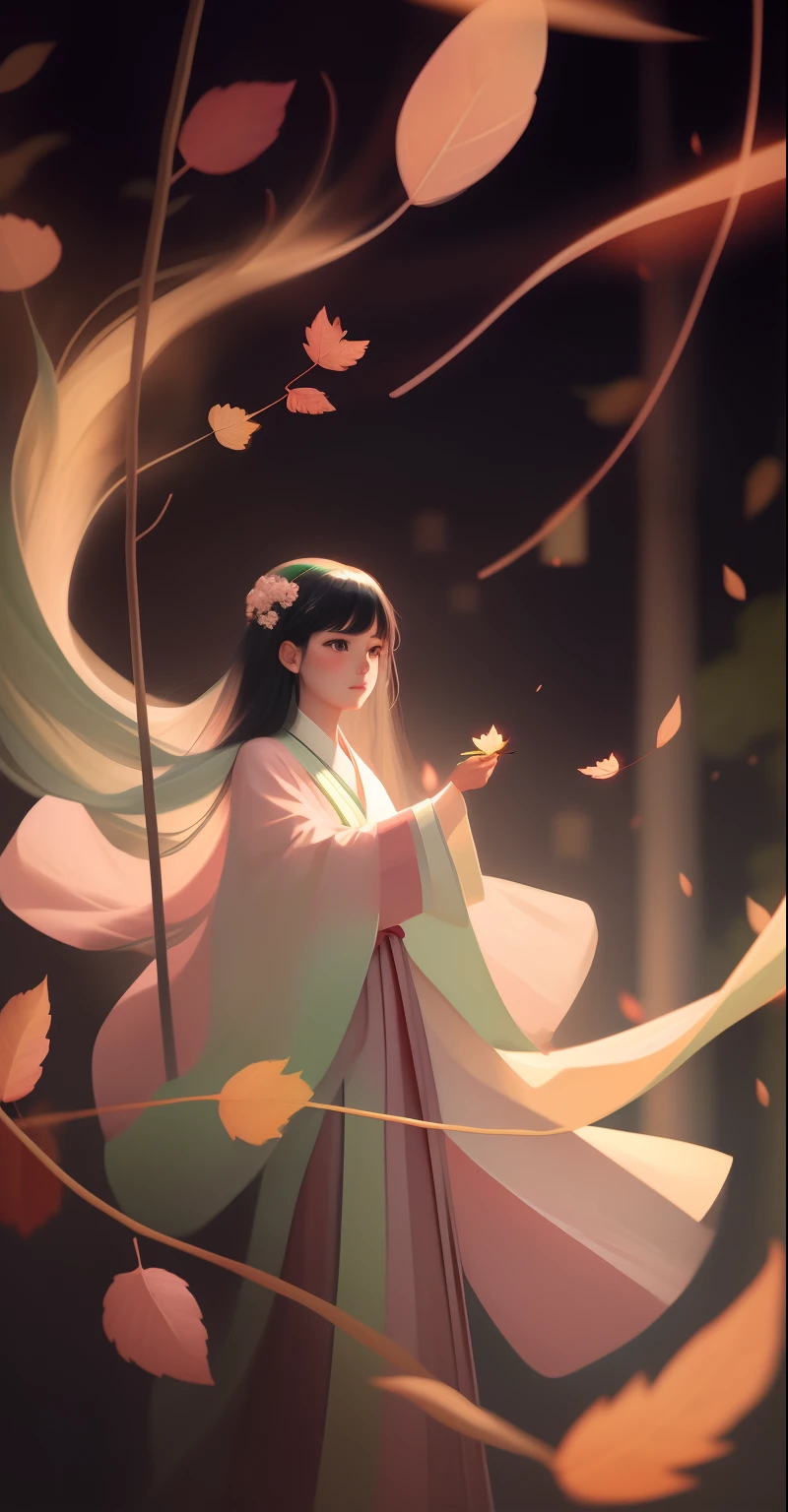 Anime girl holding leaves in light pink green dress,Flying green leaves, Palace , A girl in Hanfu, Beautiful character painting, White Hanfu, atey ghailan 8 k, Guviz-style artwork, by Yang J, A flowing light pink green robe, flowing hair and long robes, Long black hair,long and flowing hair,Smooth robe,Ethereal robes and Atey Ghailan, Beautiful digital artwork