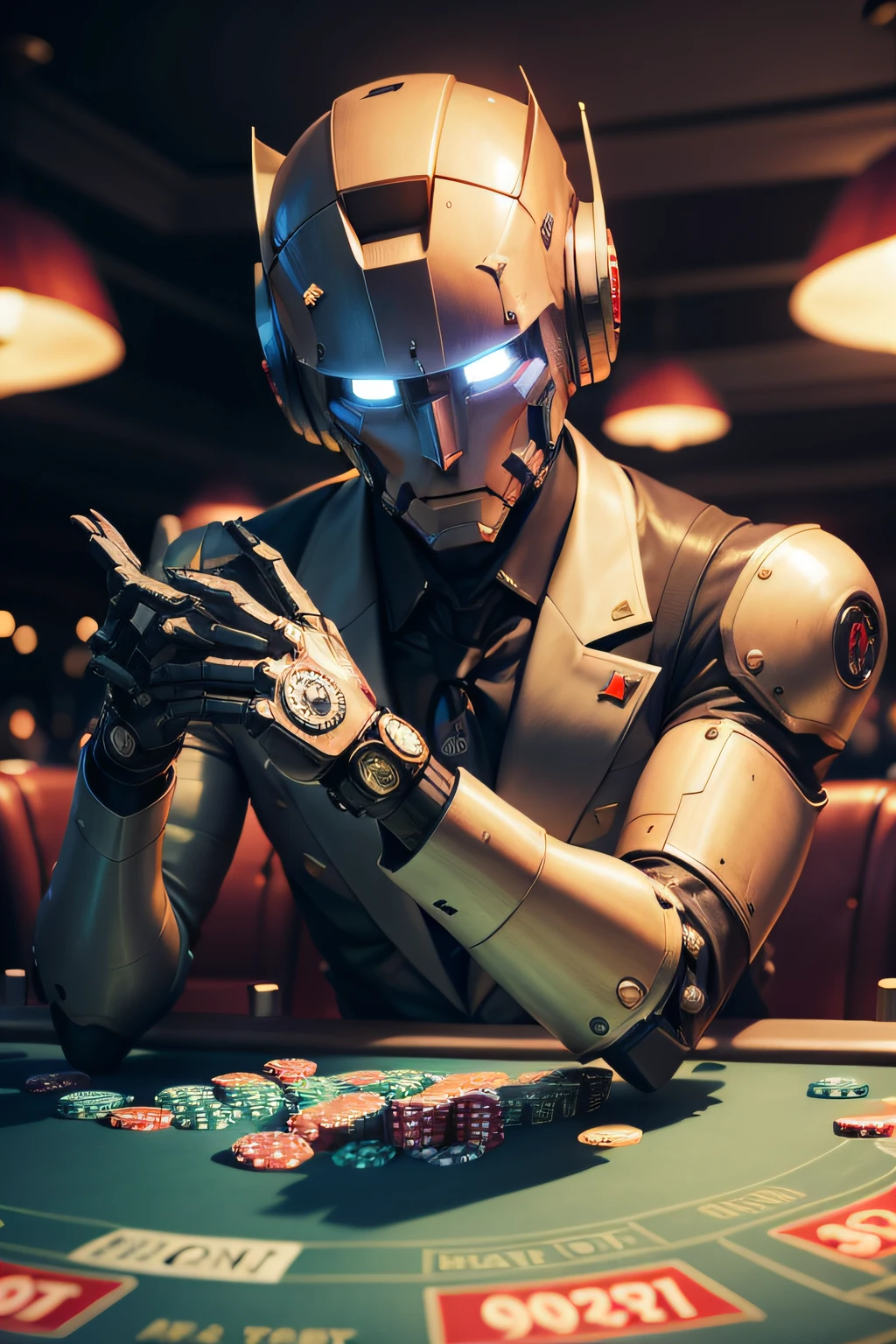 Robot with lots of money in his hands playing casino roulette