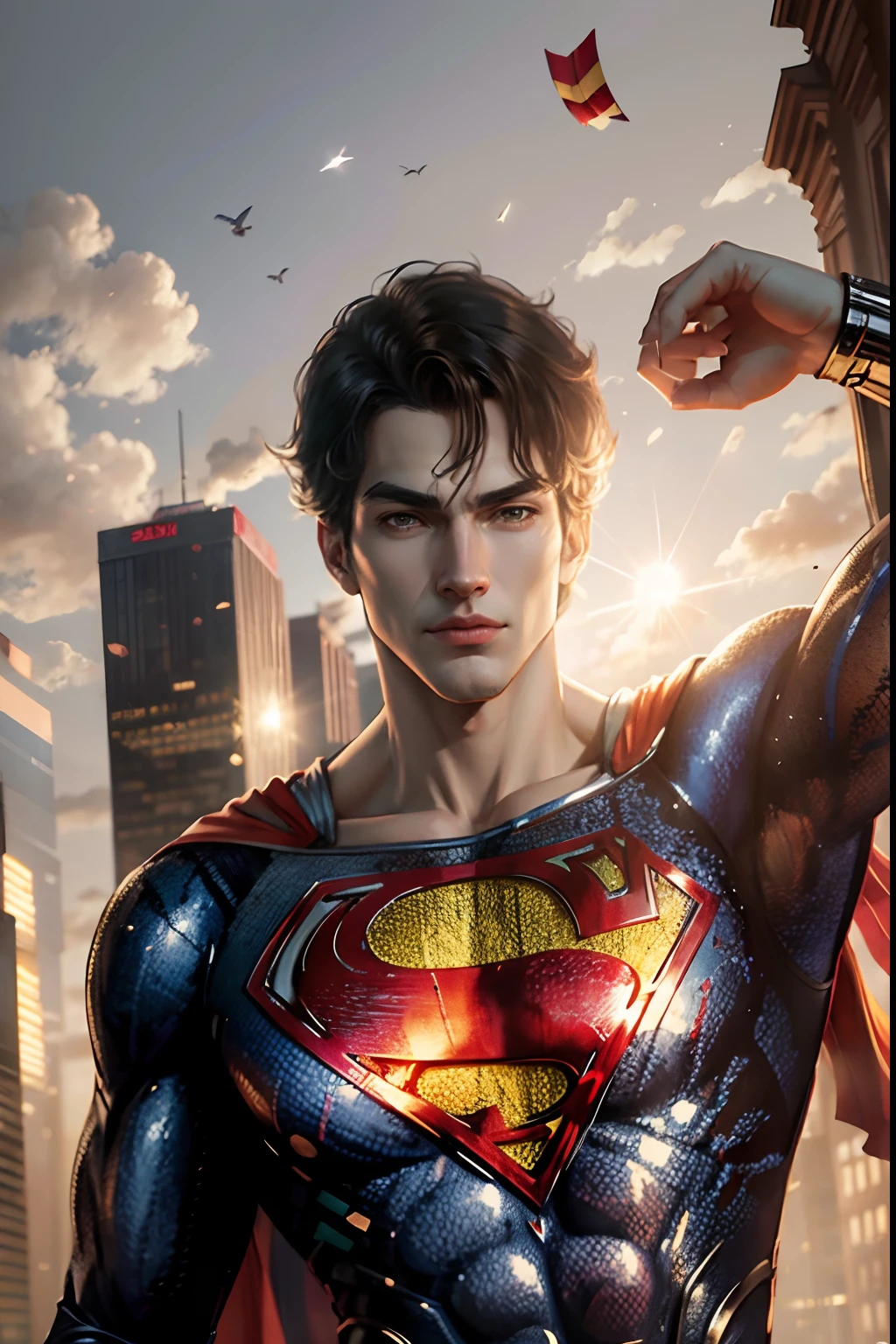 Superman by Artist Skan style. The style is exaggerated and detailed