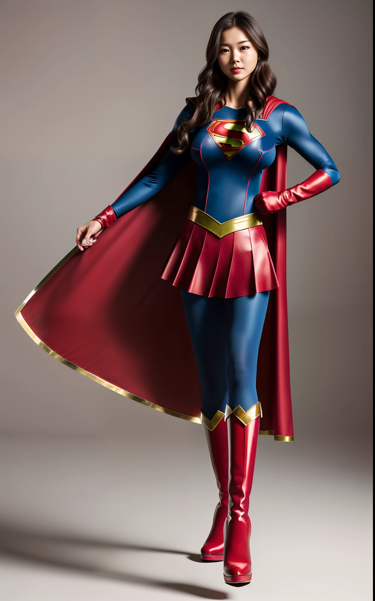 (((Make the most of the original image)))、(((Supergirl Costume)))、(((lustrous dark hair)))、(((Suffering)))、(((Feet must necessarily be worn with black tights)))、(((You need to wear red boots)))、((Top image quality、8K))、((top-quality、8K、masterpiece:1.3))、Crisp focus:1.2、Beautiful woman with perfect body shape:1.4、Slender Abs:1.2、((layers-Cut、large boob:1.2))、a wet body:1.5、Highly detailed facial and skin texture、