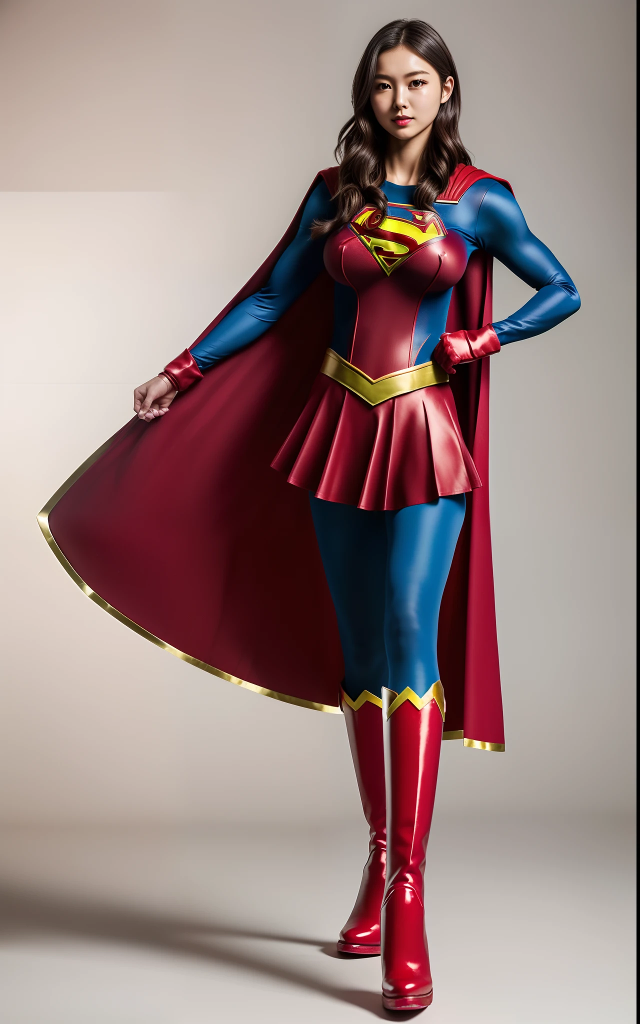 (((Make the most of the original image)))、(((Supergirl Costume)))、(((lustrous dark hair)))、(((Suffering)))、(((Feet must necessarily be worn with black tights)))、(((You need to wear red boots)))、((Top image quality、8K))、((top-quality、8K、masterpiece:1.3))、Crisp focus:1.2、Beautiful woman with perfect body shape:1.4、Slender Abs:1.2、((layers-Cut、large boob:1.2))、a wet body:1.5、Highly detailed facial and skin texture、