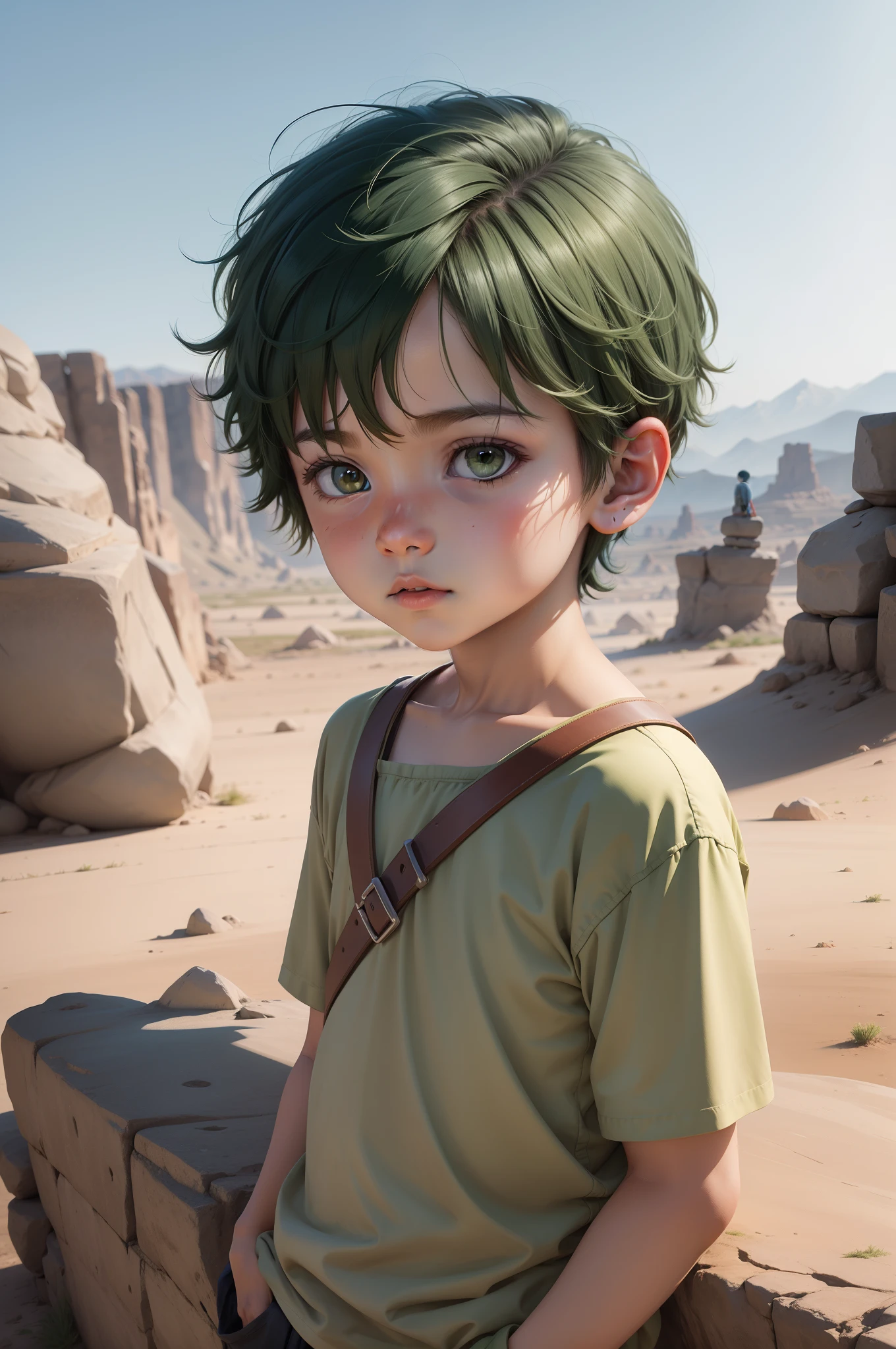 Drawing of a child boy with short green hair on a plateau as background